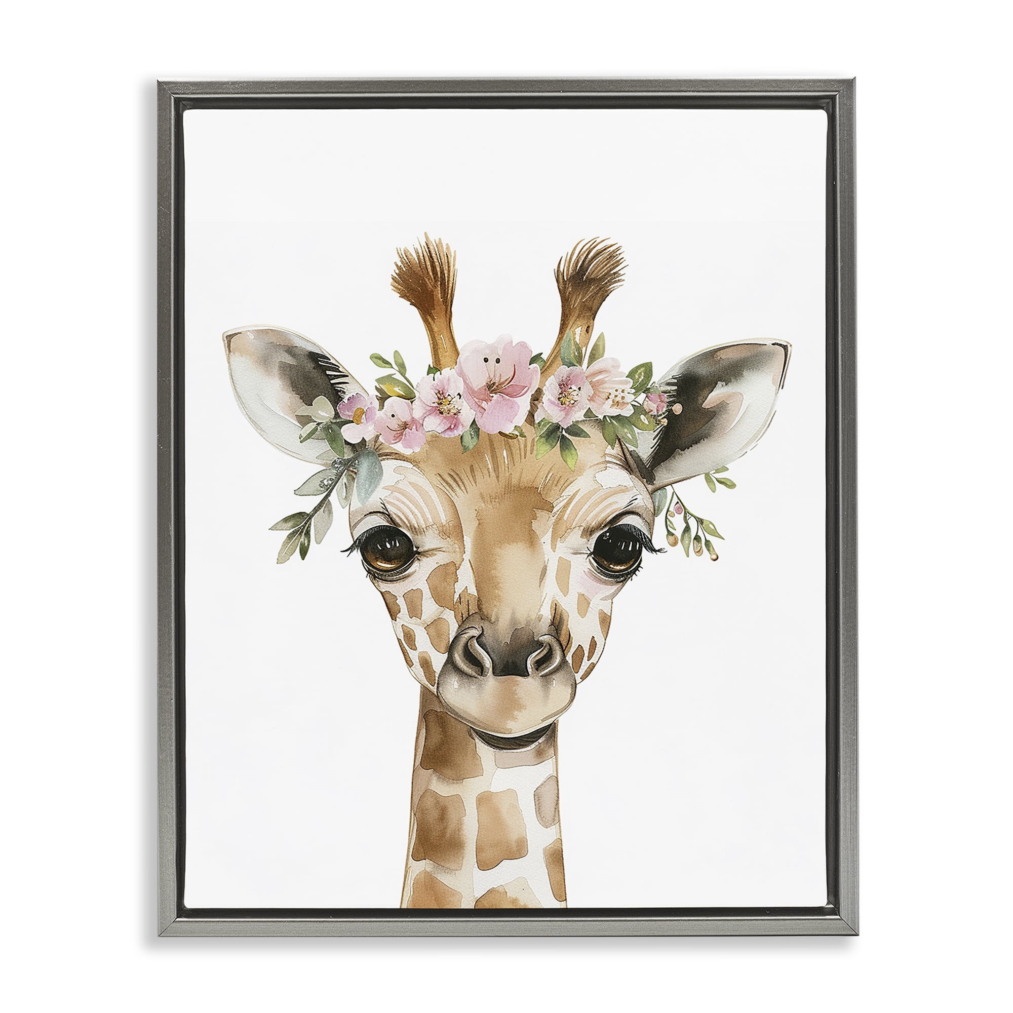Stupell Industries Nursery Floral Giraffe Animals Painting Gray Floater Framed Canvas Art Print Wall Art, 25 x 31
