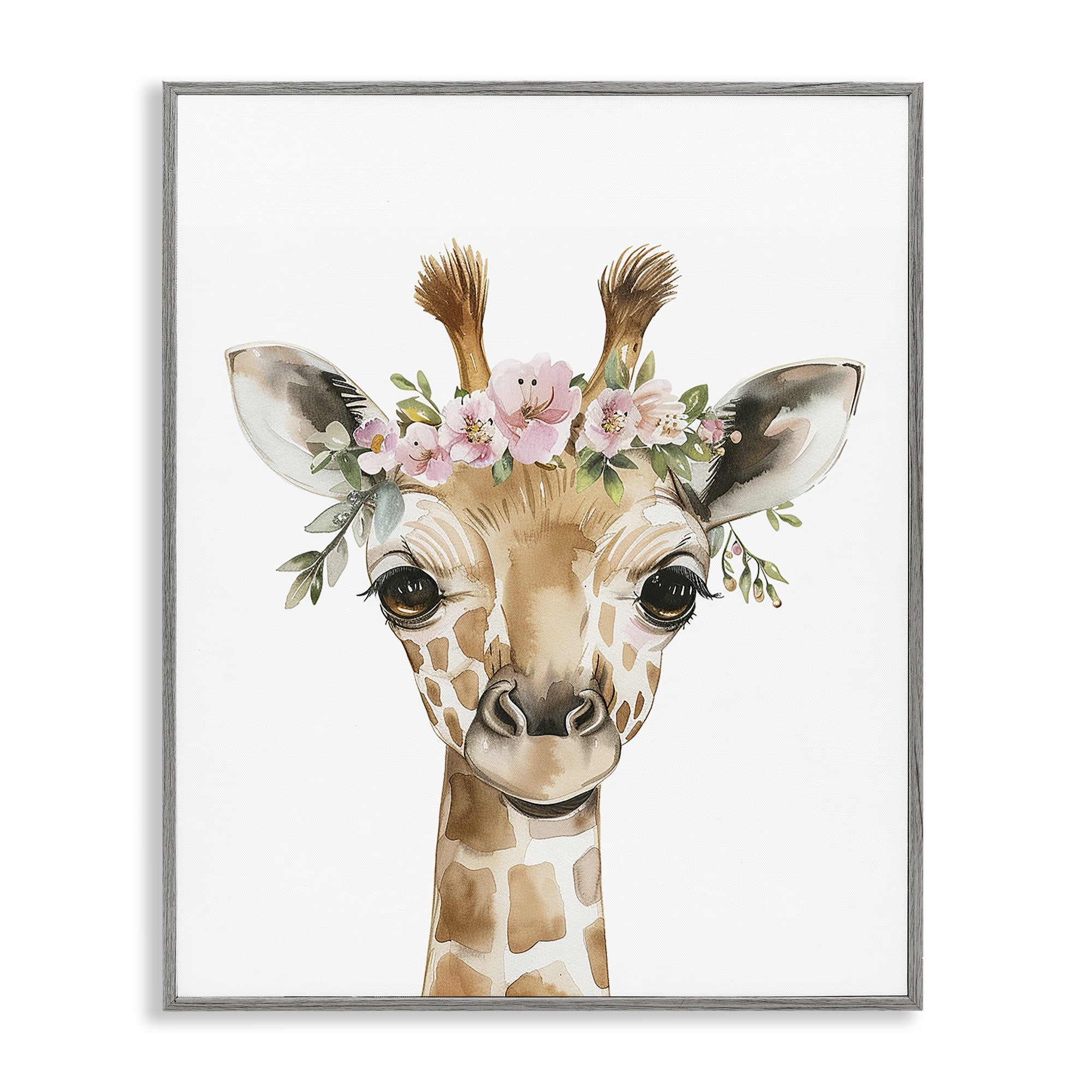Stupell Industries Nursery Floral Giraffe Animals Painting Gray Framed Art Print Wall Art, 24 x 30
