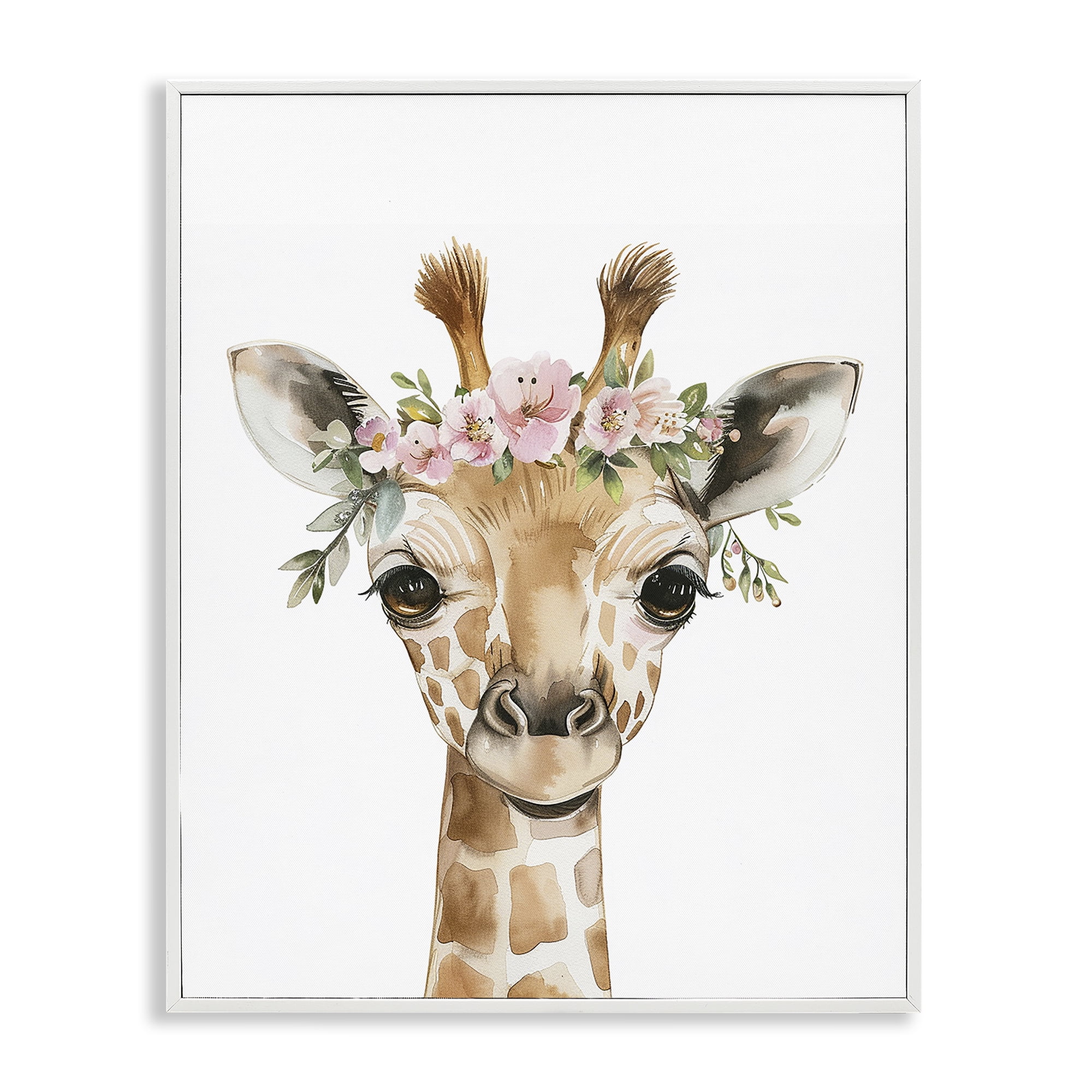 Stupell Industries Nursery Floral Giraffe Animals Painting White Framed Art Print Wall Art, 16 x 20