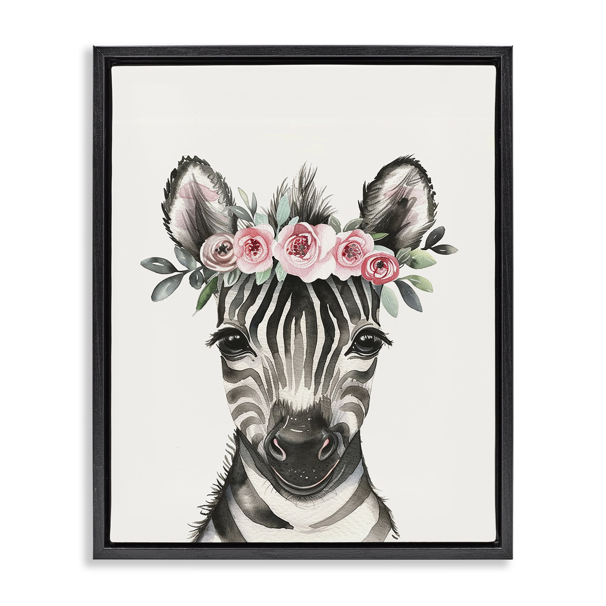 Stupell Industries Nursery Floral Zebra Animals Painting Black Floater Framed Canvas Art Print Wall Art, 25 x 31