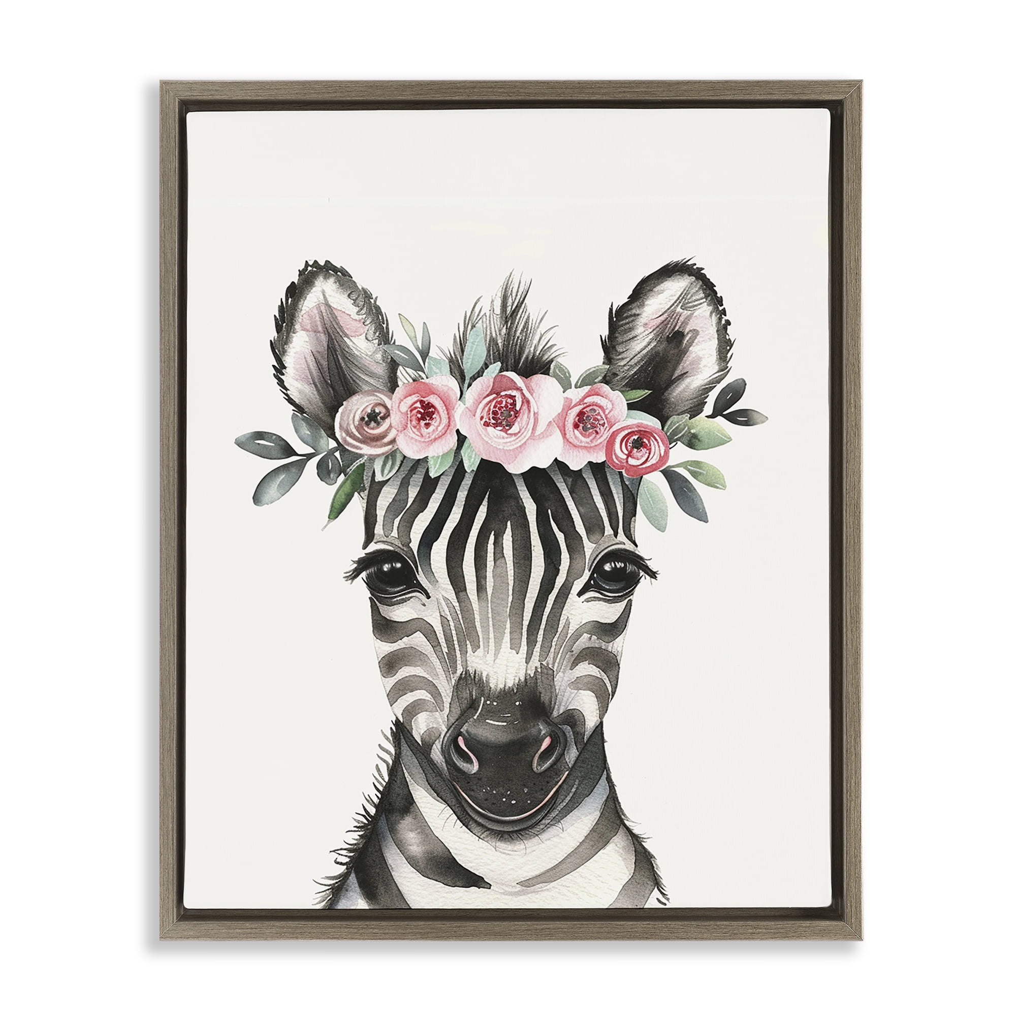 Stupell Industries Nursery Floral Zebra Animals Painting Brown Floater Framed Canvas Art Print Wall Art, 25 x 31