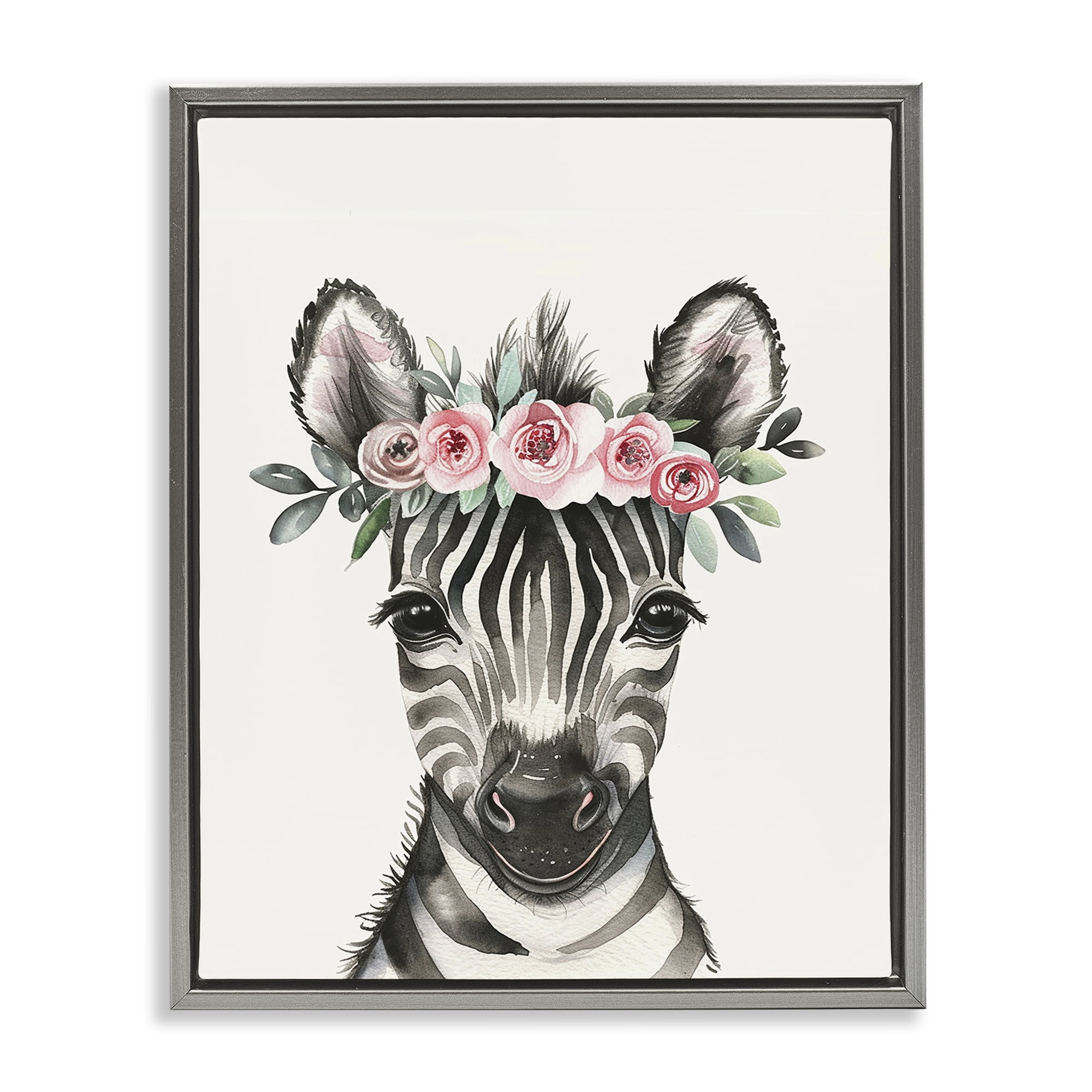 Stupell Industries Nursery Floral Zebra Animals Painting Gray Floater Framed Canvas Art Print Wall Art, 17 x 21