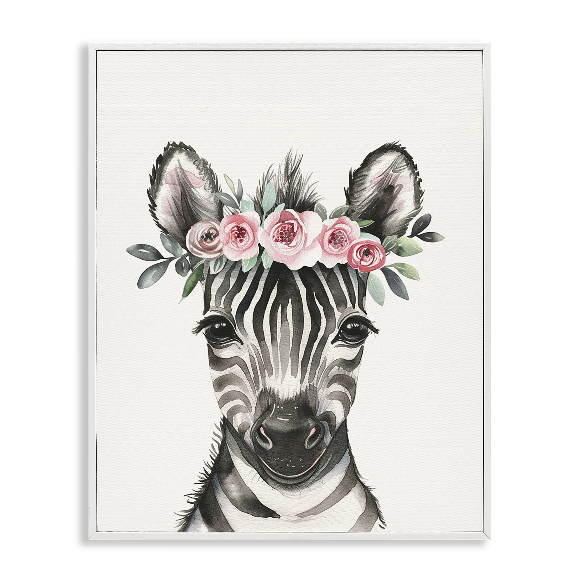 Stupell Industries Nursery Floral Zebra Animals Painting White Framed Art Print Wall Art, 16 x 20