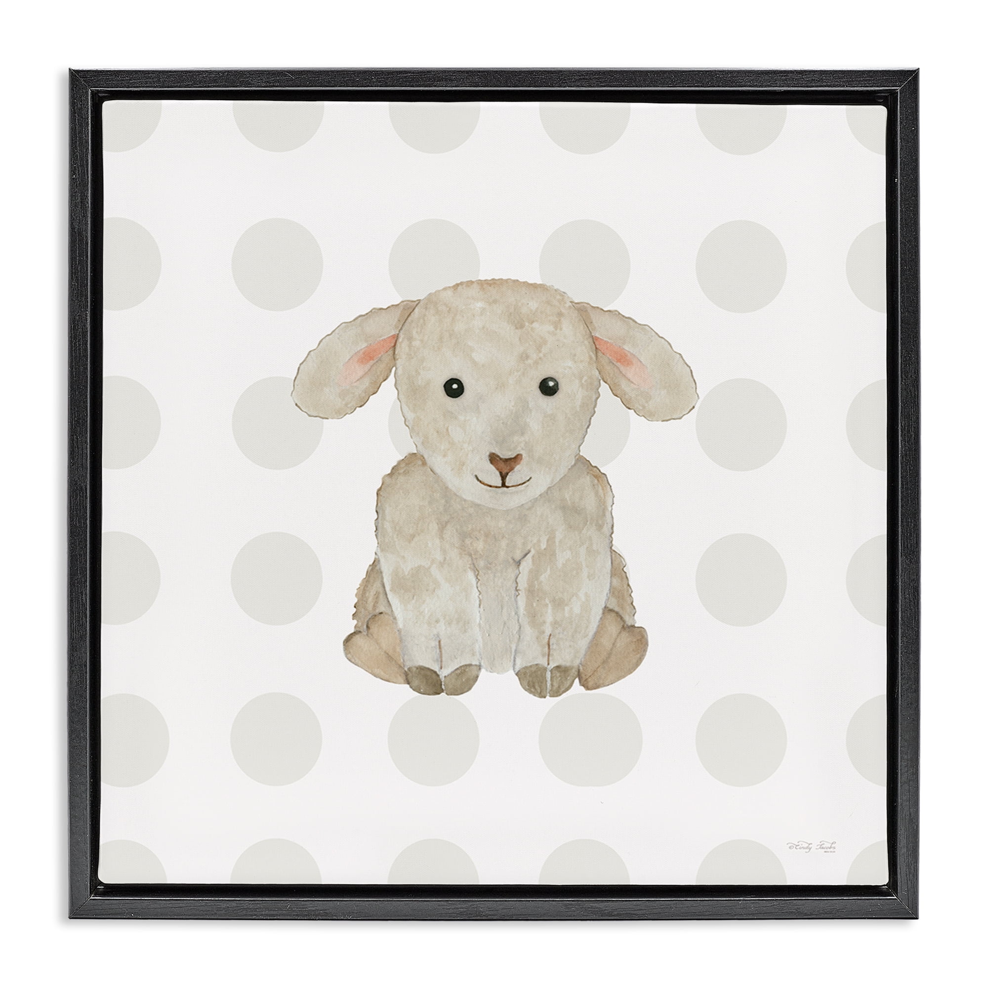Stupell Industries Nursery Lamb on Dots Animals Painting Black Floater Framed Canvas Art Print Wall Art, 25 x 25