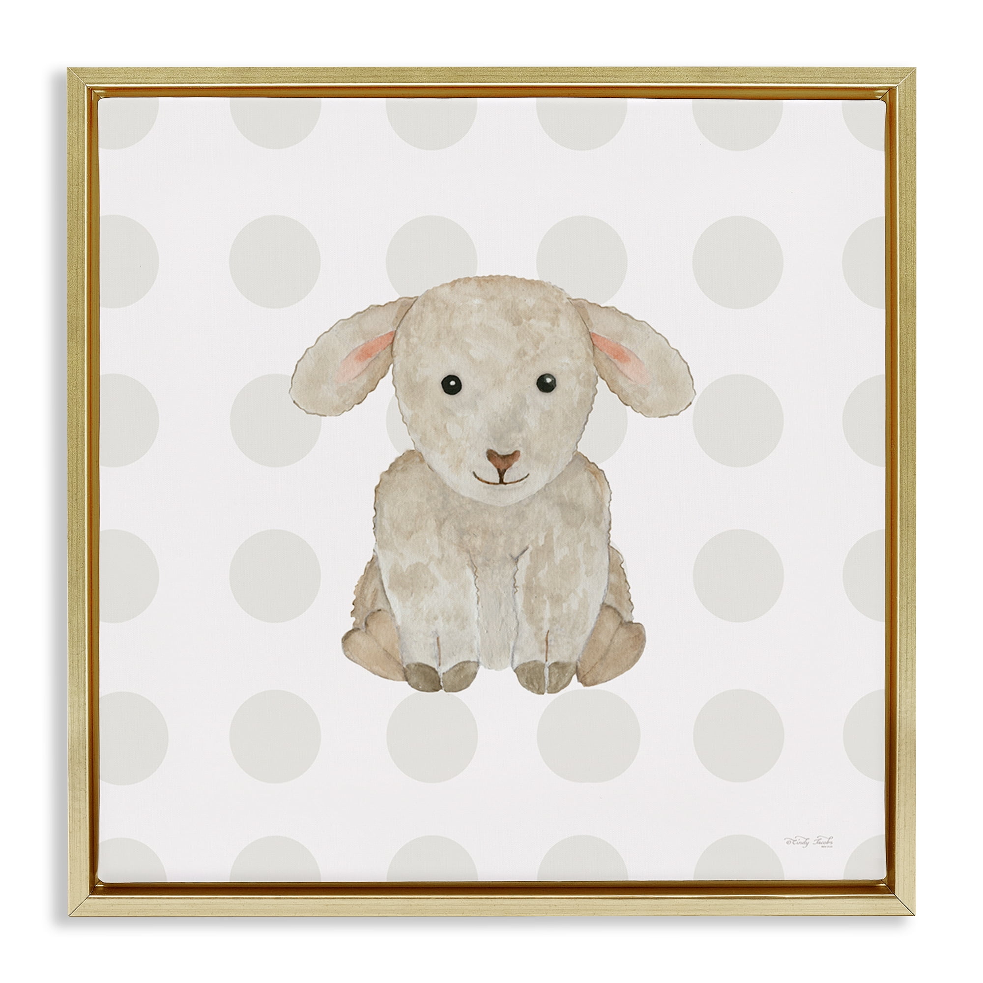 Stupell Industries Nursery Lamb on Dots Animals Painting Gold Floater Framed Canvas Art Print Wall Art, 18 x 18