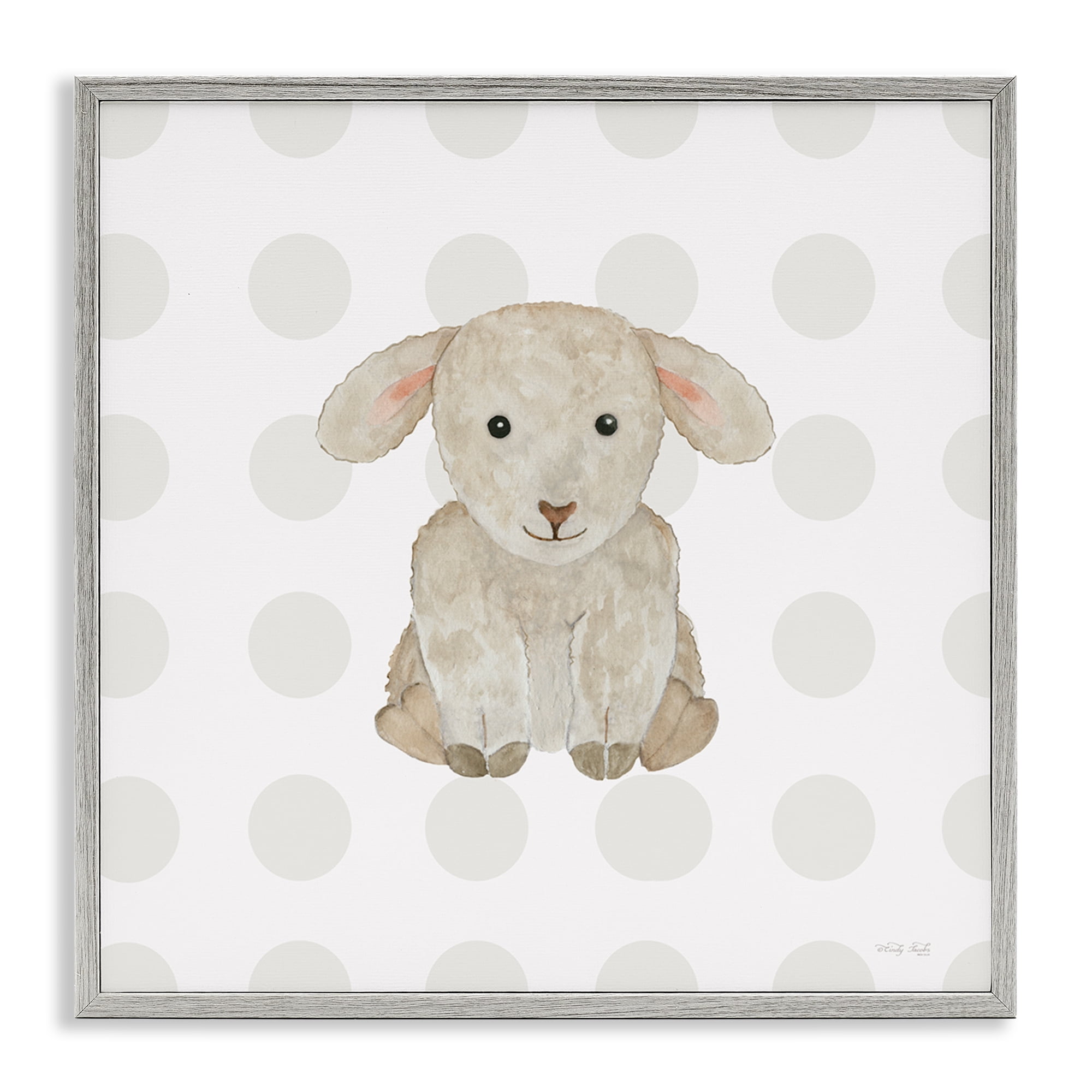 Stupell Industries Nursery Lamb on Dots Animals Painting Gray Framed Art Print Wall Art, 24 x 24