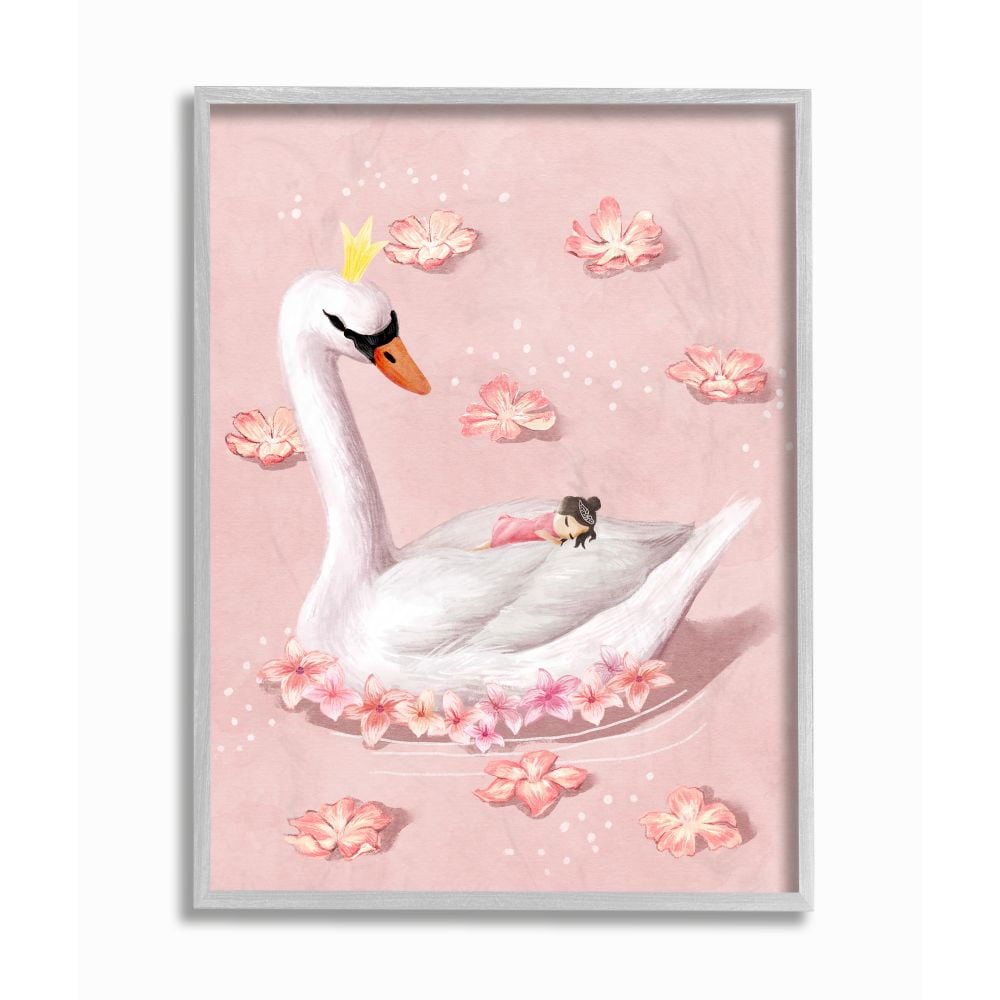 Stupell Industries Nursery Swan Baby Princess Pink Floral Lake Framed Wall Art Design by Ziwei Li, 11" x 14", Gray Framed