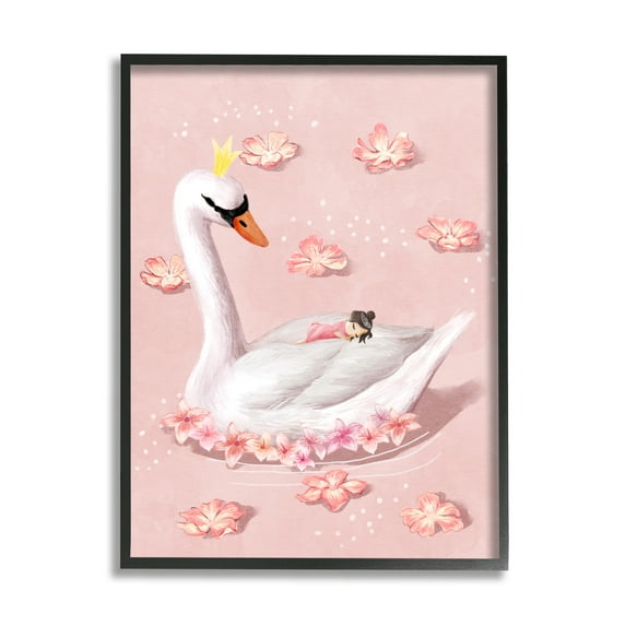 Stupell Industries Nursery Swan Baby Princess Pink Floral Lake Framed Wall Art Design by Ziwei Li, 24" x 30", Black Framed