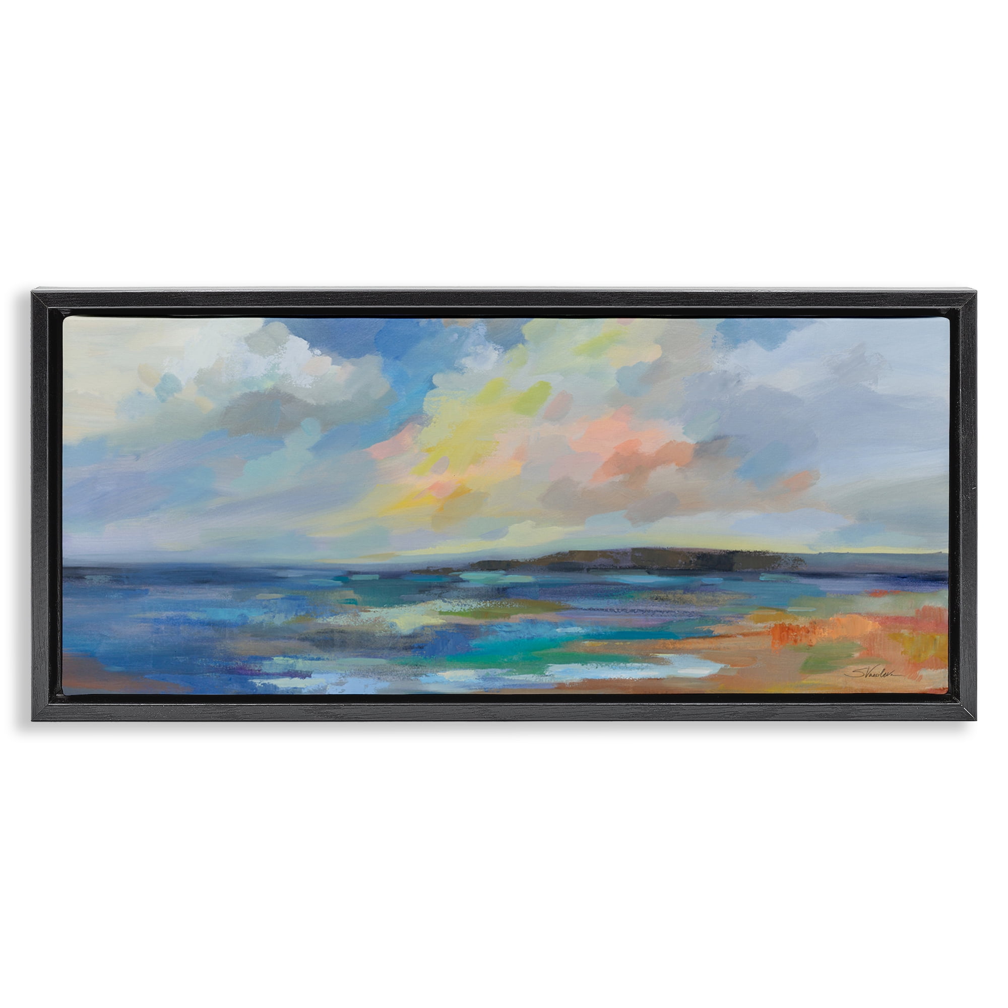 Stupell Industries Ocean Beach Sunset Landscape & Nature Painting Black Floater Framed Canvas Art Print Wall Art, 31 x 14