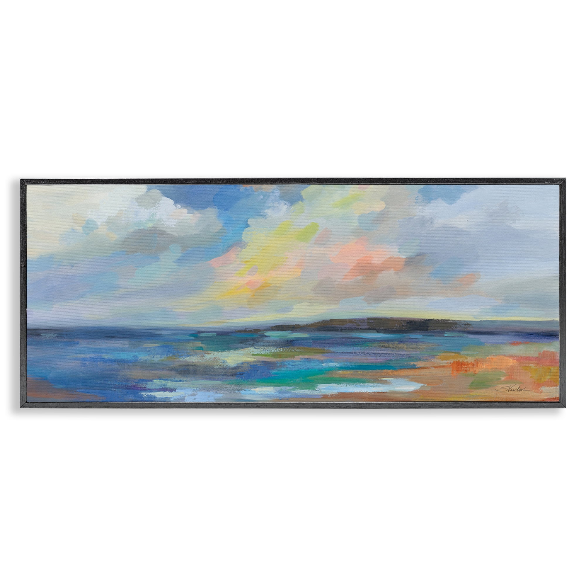 Stupell Industries Ocean Beach Sunset Landscape & Nature Painting Black Framed Art Print Wall Art, 30 x 13