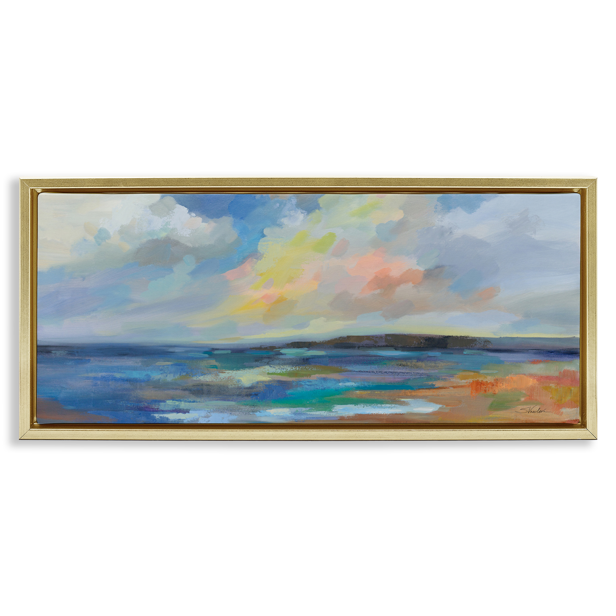 Stupell Industries Ocean Beach Sunset Landscape & Nature Painting Gold Floater Framed Canvas Art Print Wall Art, 25 x 11