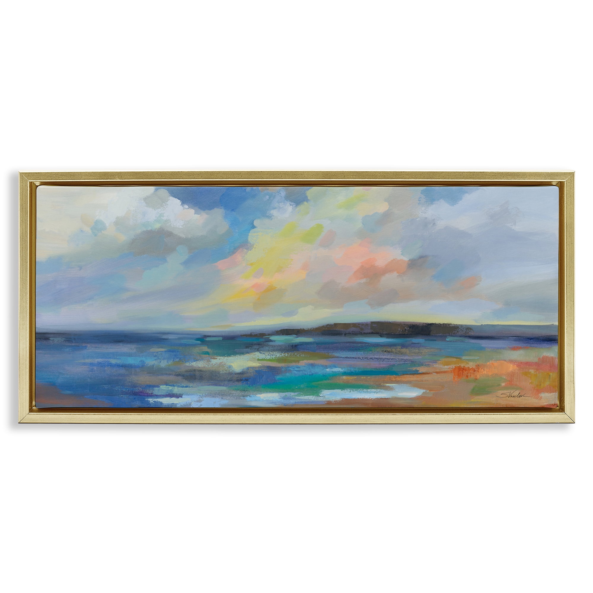 Stupell Industries Ocean Beach Sunset Landscape & Nature Painting Gold Floater Framed Canvas Art Print Wall Art, 31 x 14