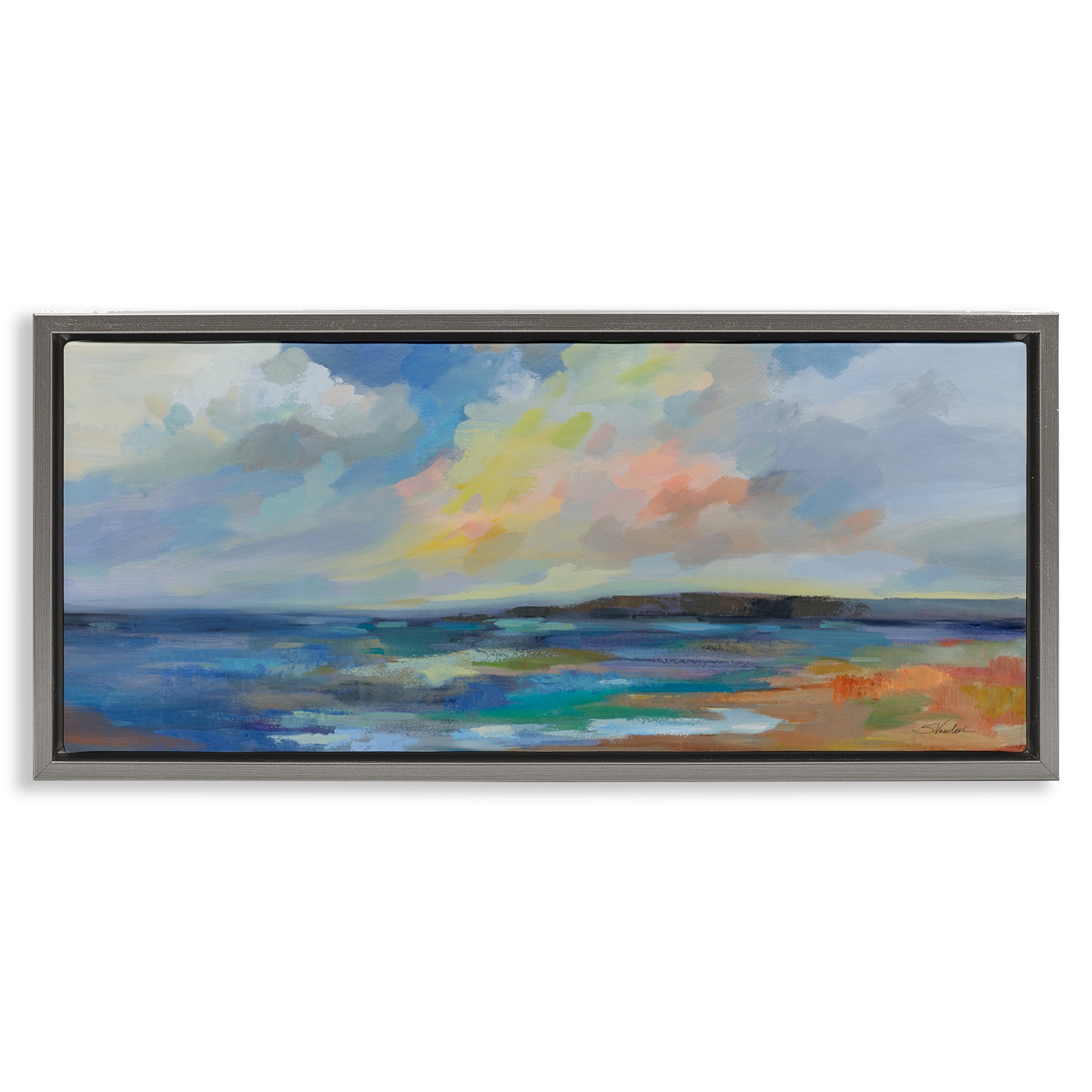 Stupell Industries Ocean Beach Sunset Landscape & Nature Painting Gray Floater Framed Canvas Art Print Wall Art, 25 x 11
