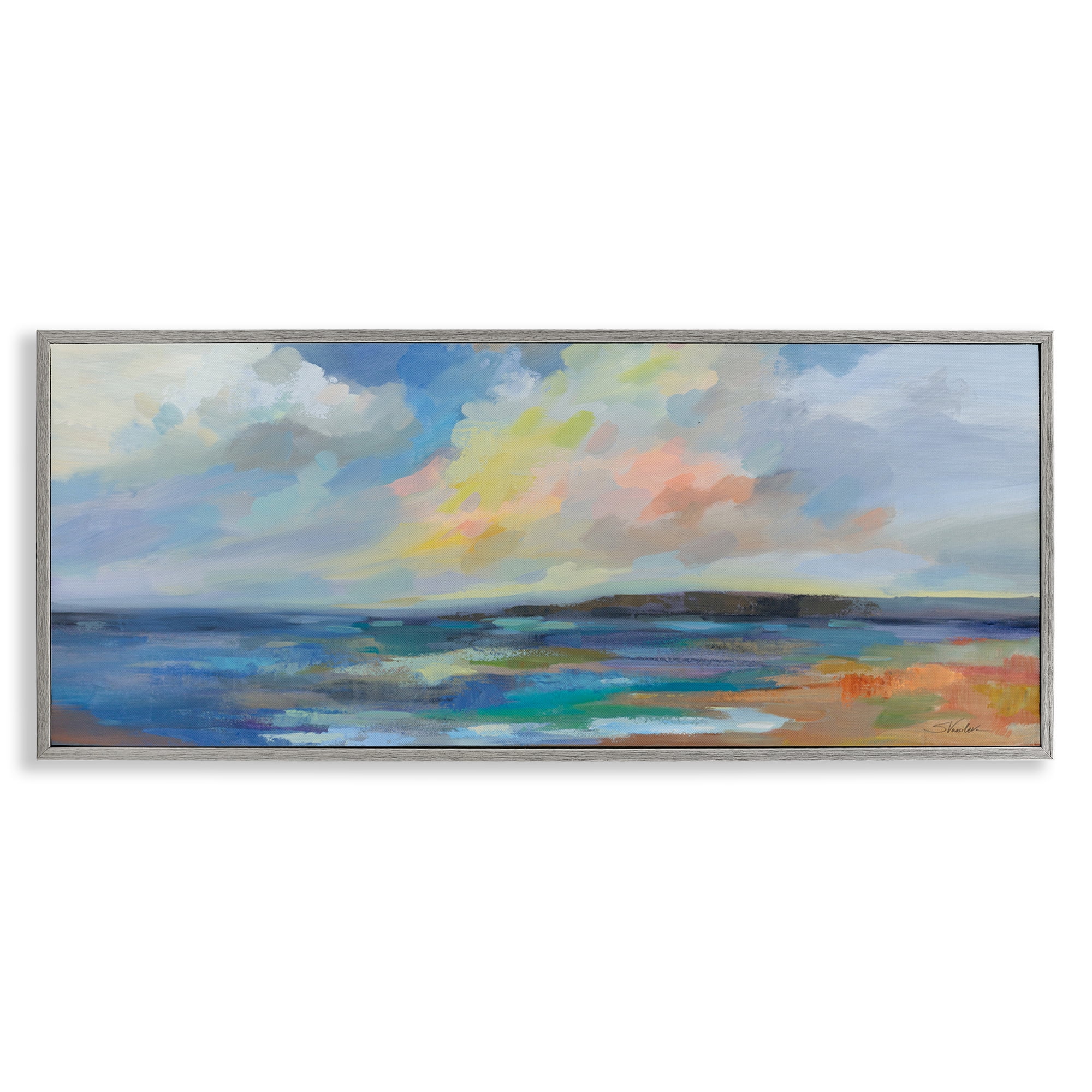 Stupell Industries Ocean Beach Sunset Landscape & Nature Painting Gray Framed Art Print Wall Art, 30 x 13