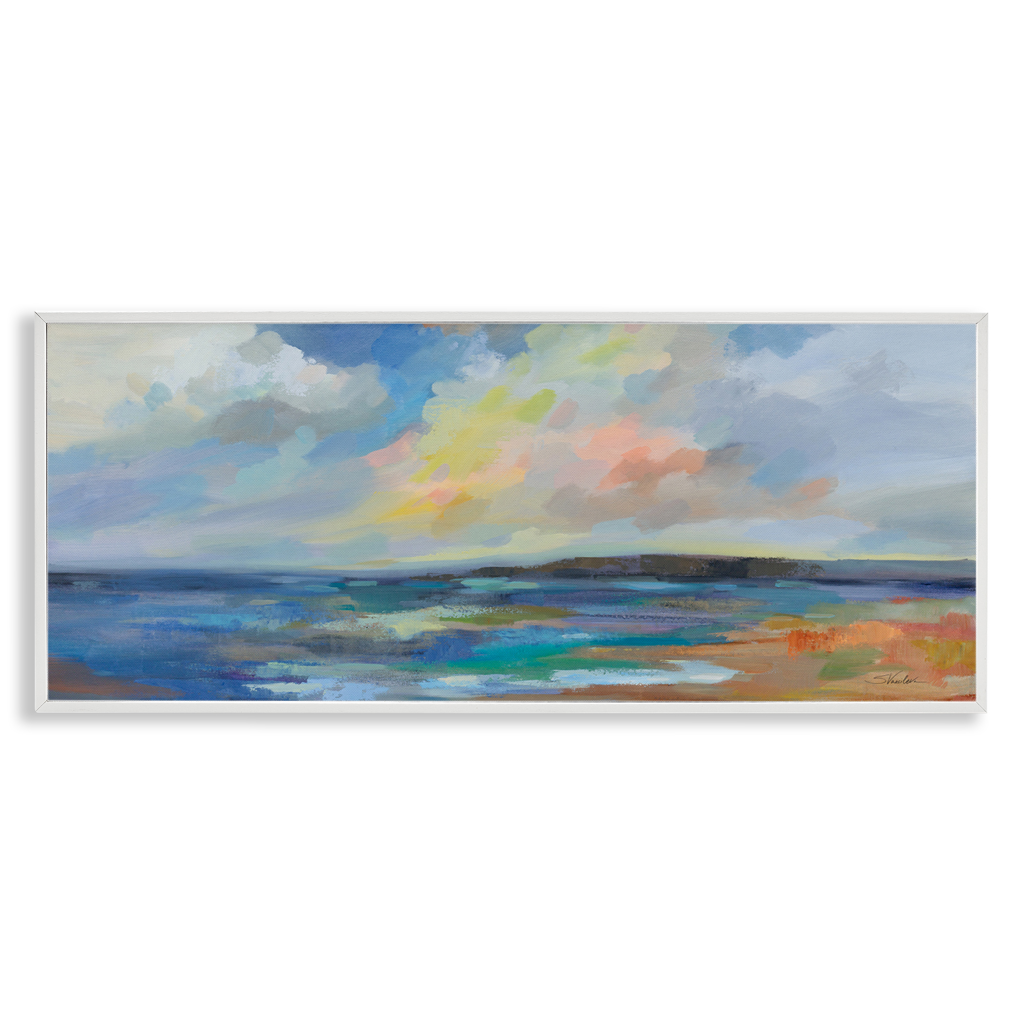 Stupell Industries Ocean Beach Sunset Landscape & Nature Painting White Framed Art Print Wall Art, 24 x 10