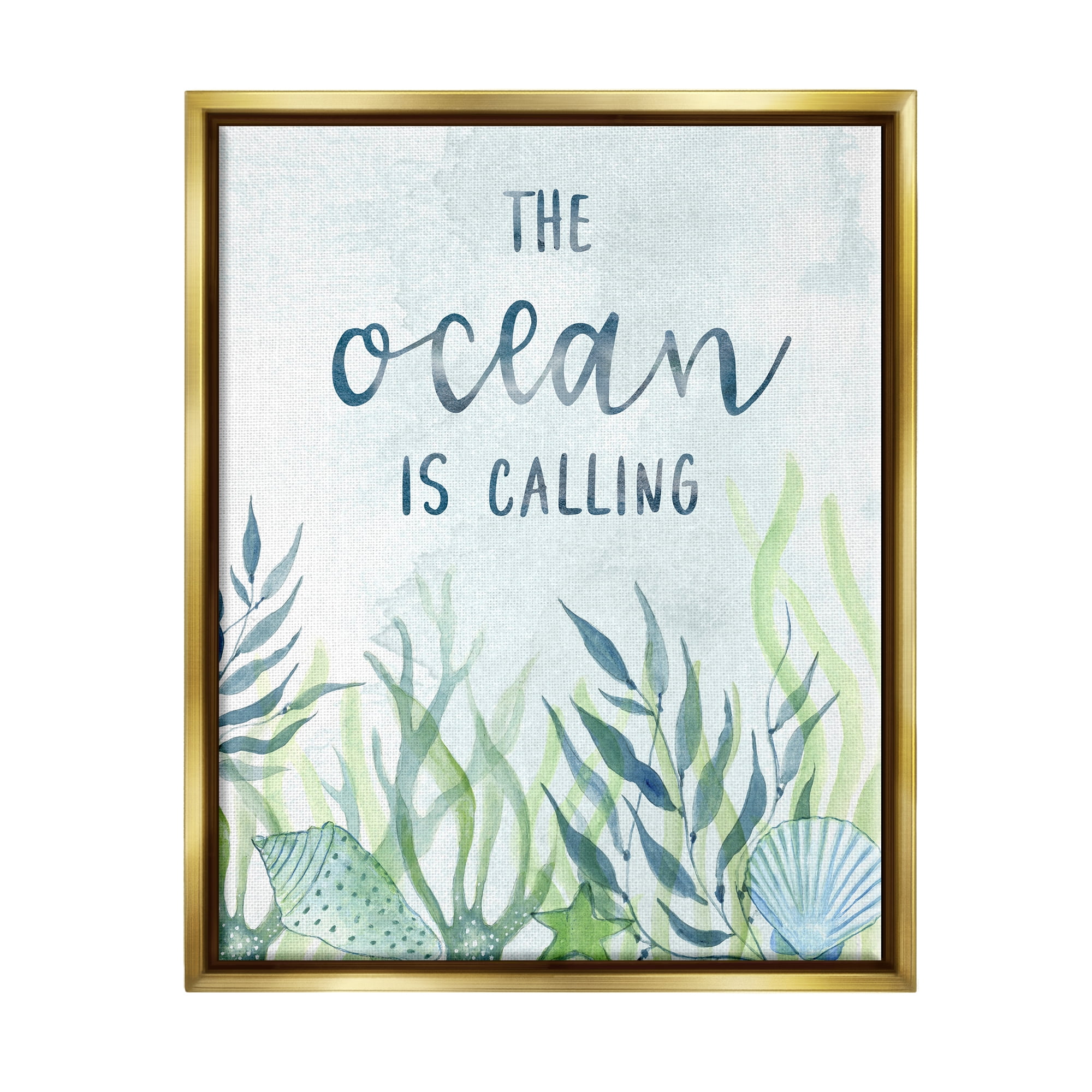 Stupell Industries Ocean Calling Phrase Animals & Insects Painting Gold Floater Framed Canvas Art Print Wall Art, 17 x 21