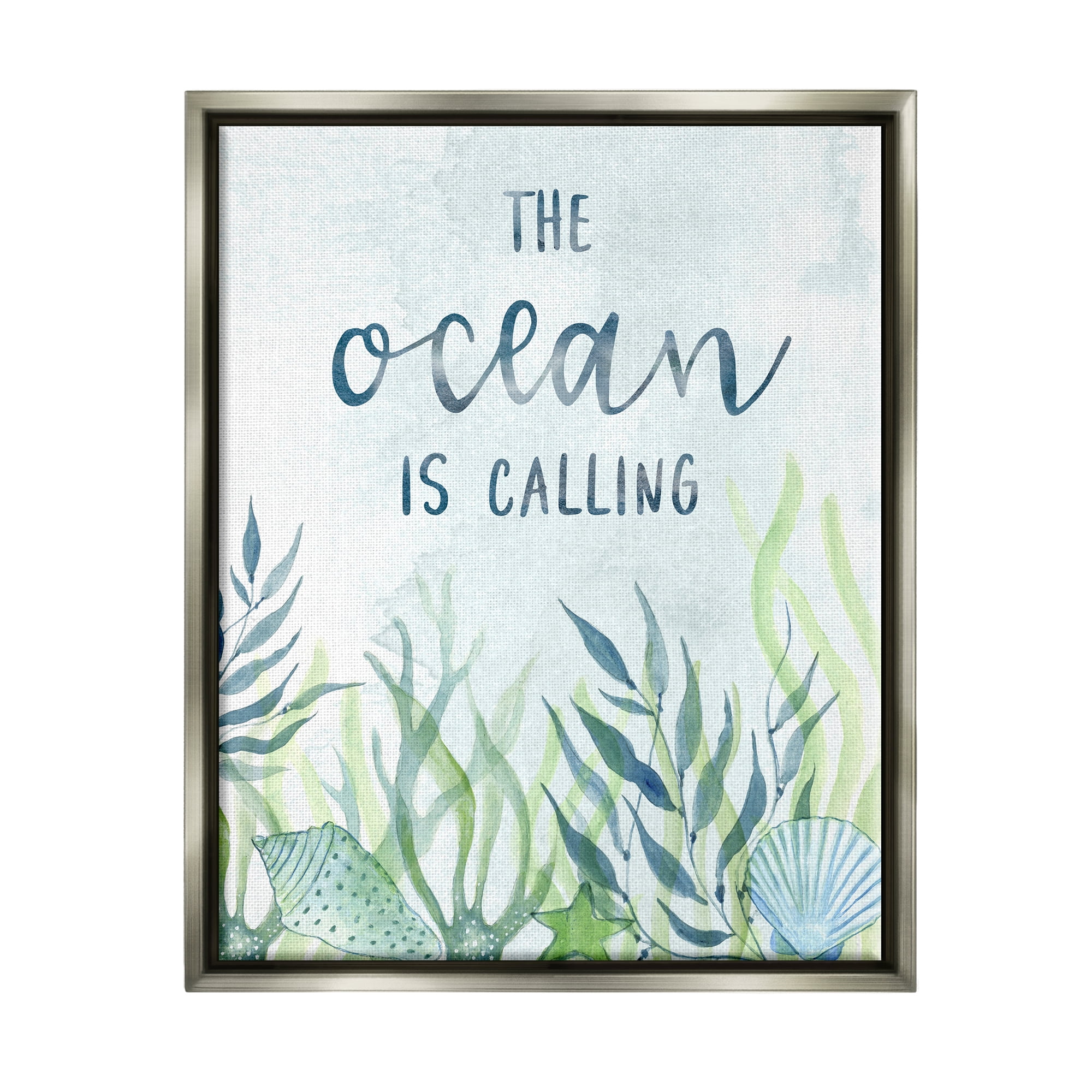 Stupell Industries Ocean Calling Phrase Animals & Insects Painting Gray Floater Framed Canvas Art Print Wall Art, 17 x 21
