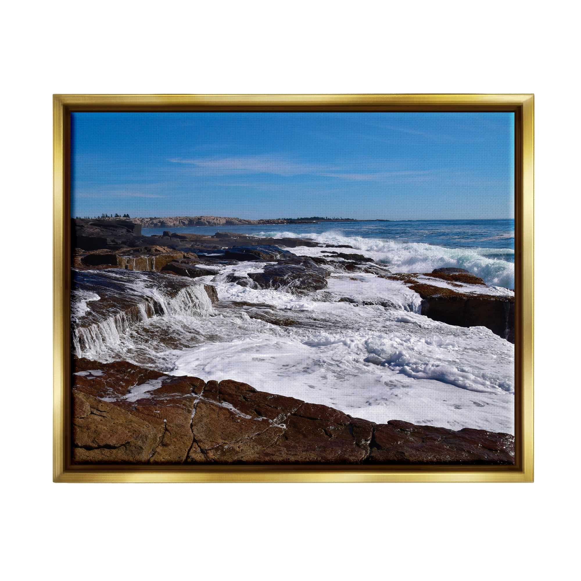 Stupell Industries Ocean Cliff Waterfall Nature Photography Gold Floater Framed Art Print Wall Art, 31 x 25