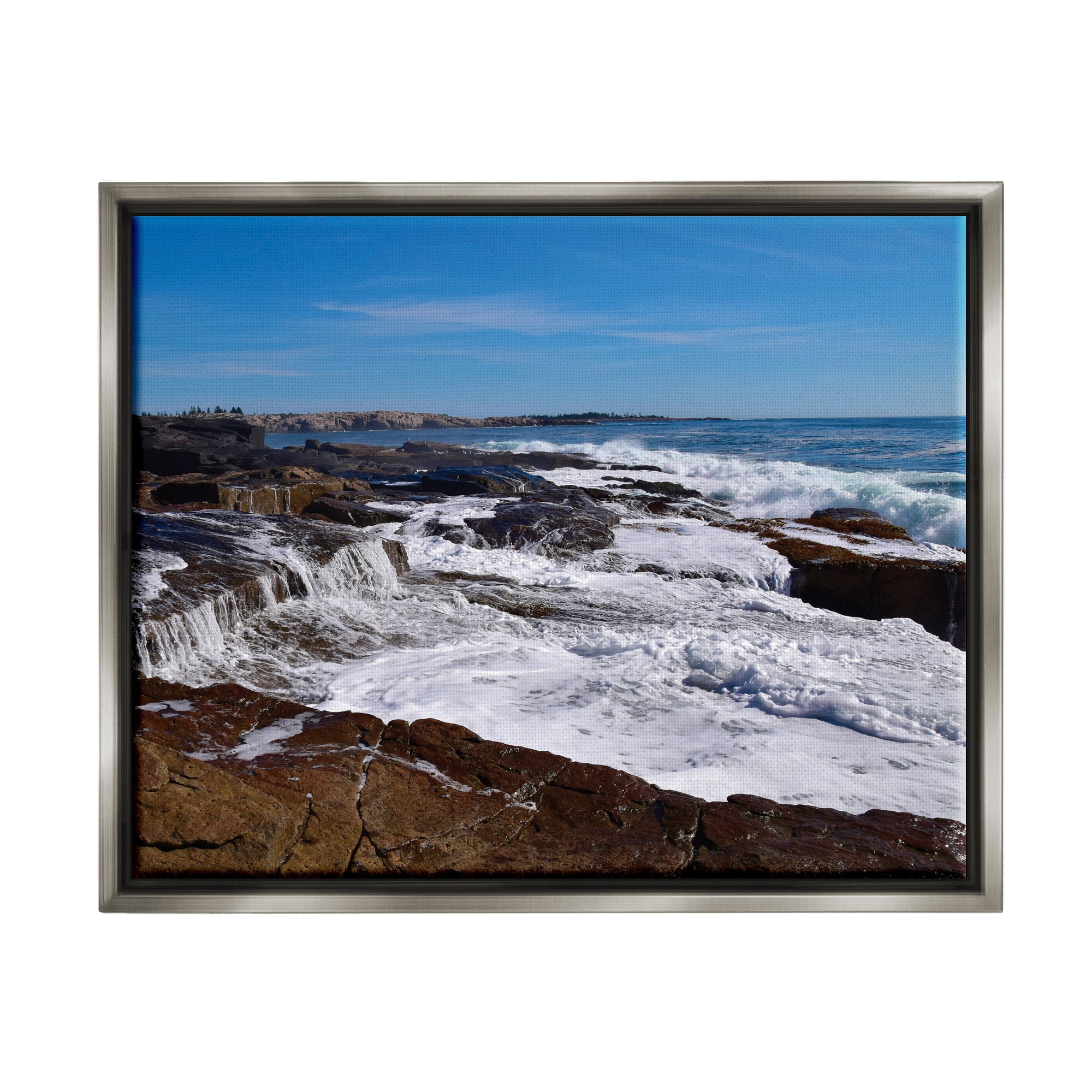 Stupell Industries Ocean Cliff Waterfall Nature Photography Gray Floater Framed Art Print Wall Art, 21 x 17