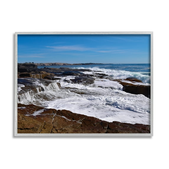 Stupell Industries Ocean Cliff Waterfall Nature Photography Gray Framed Art Print Wall Art, 14 x 11