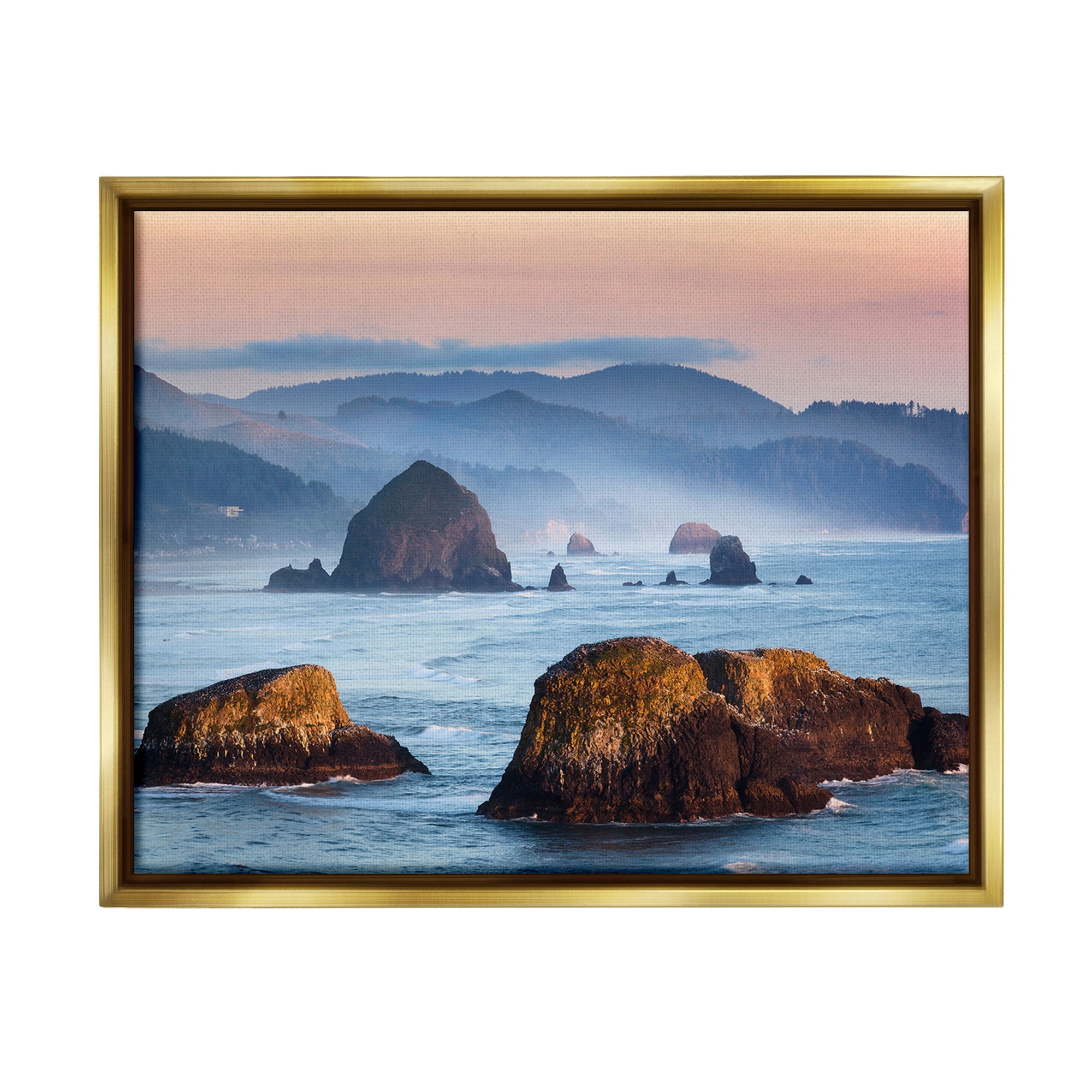 Stupell Industries Ocean Cliffs with Mountains Landscape Photography Gold Floater Framed Canvas Art Print Wall Art, 31 x 25