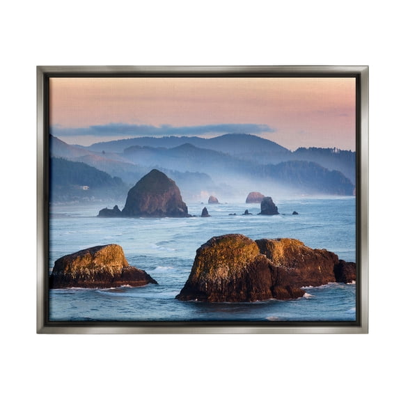 Stupell Industries Ocean Cliffs with Mountains Landscape Photography Gray Floater Framed Canvas Art Print Wall Art, 21 x 17