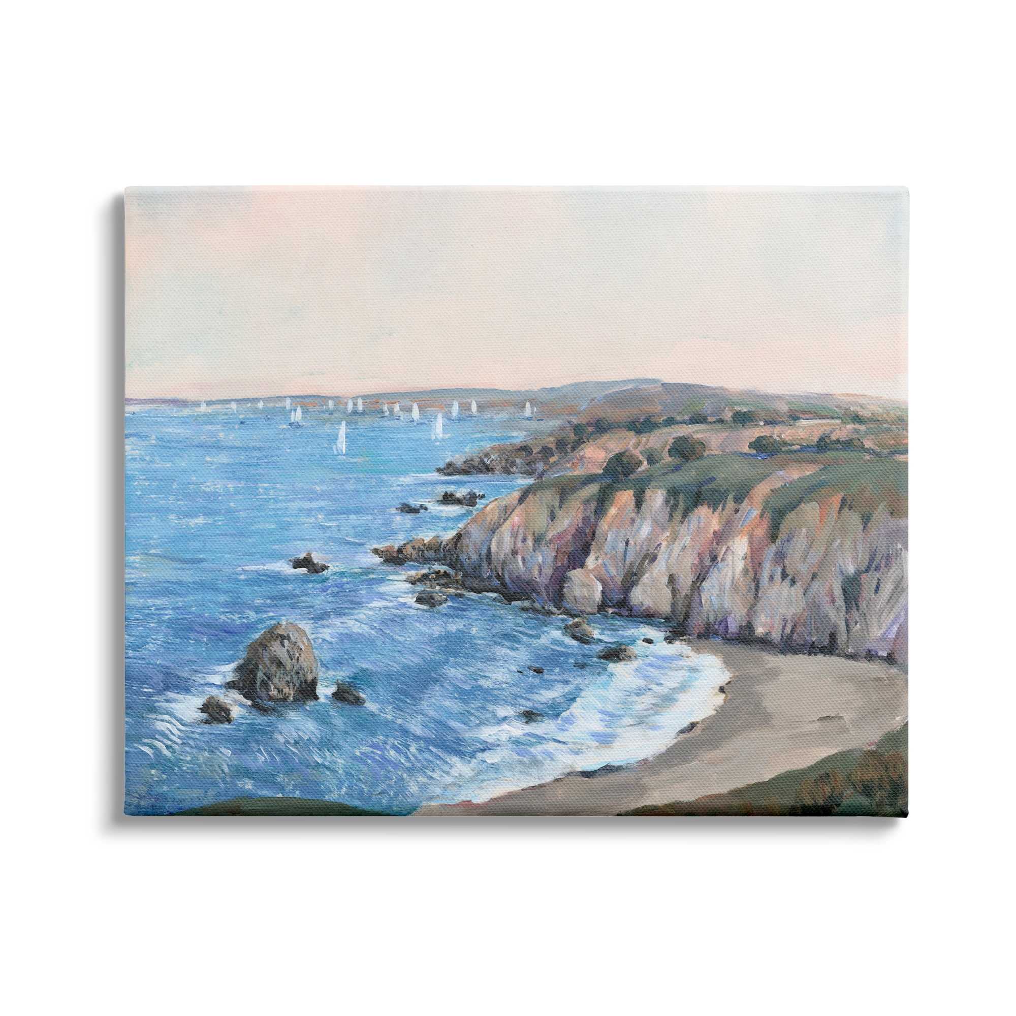 Stupell Industries Ocean Coast Cove Distant Sailboats Beach Cliff Landscape Paintings Gallery-Wrapped Canvas Print Wall Art, 40x30, by Tim OToole