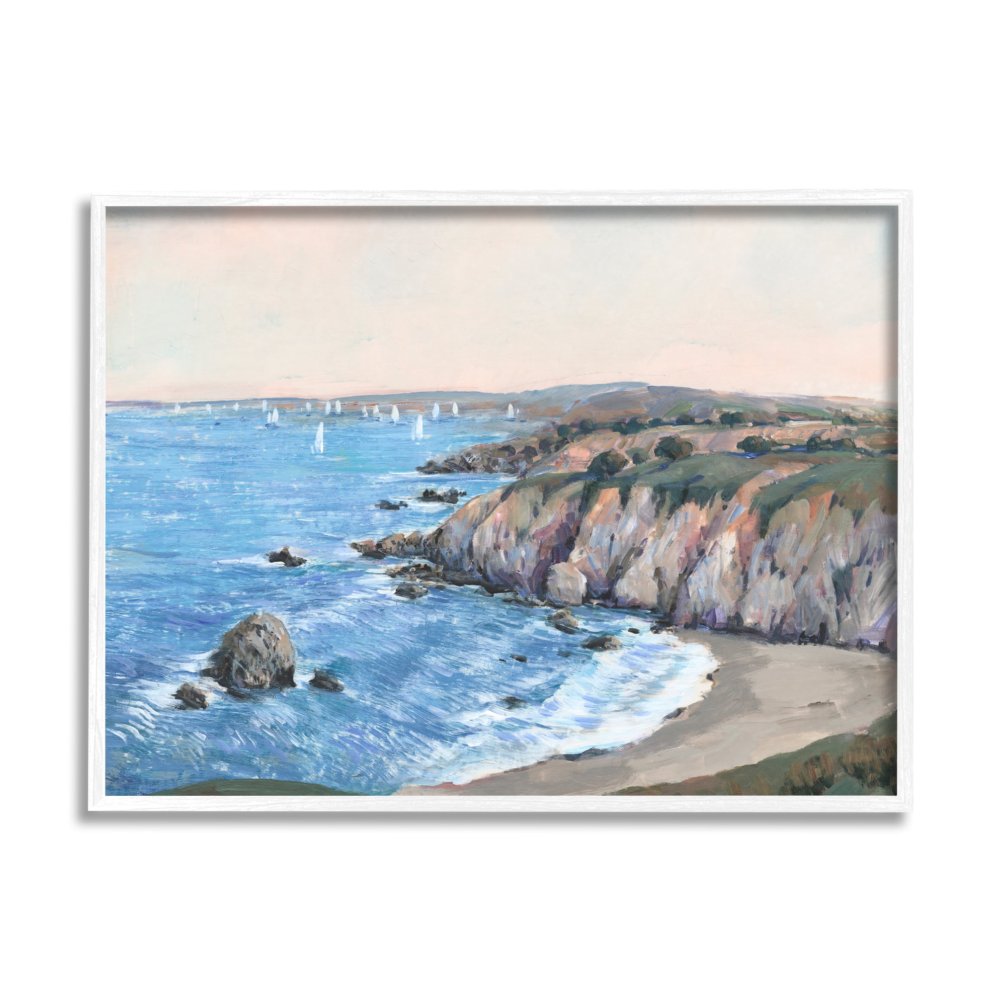 Stupell Industries Ocean Coast Cove Distant Sailboats Beach Cliff Landscape Paintings White Framed Art Print Wall Art, 14x11, by Tim OToole
