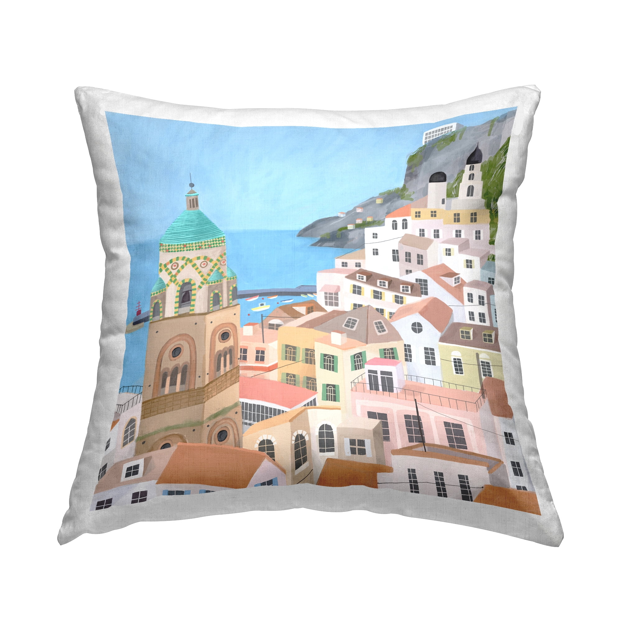 Stupell Industries Ocean Coast Town Landscape View Square Decorative Printed Throw Pillow, 18 x 18,
