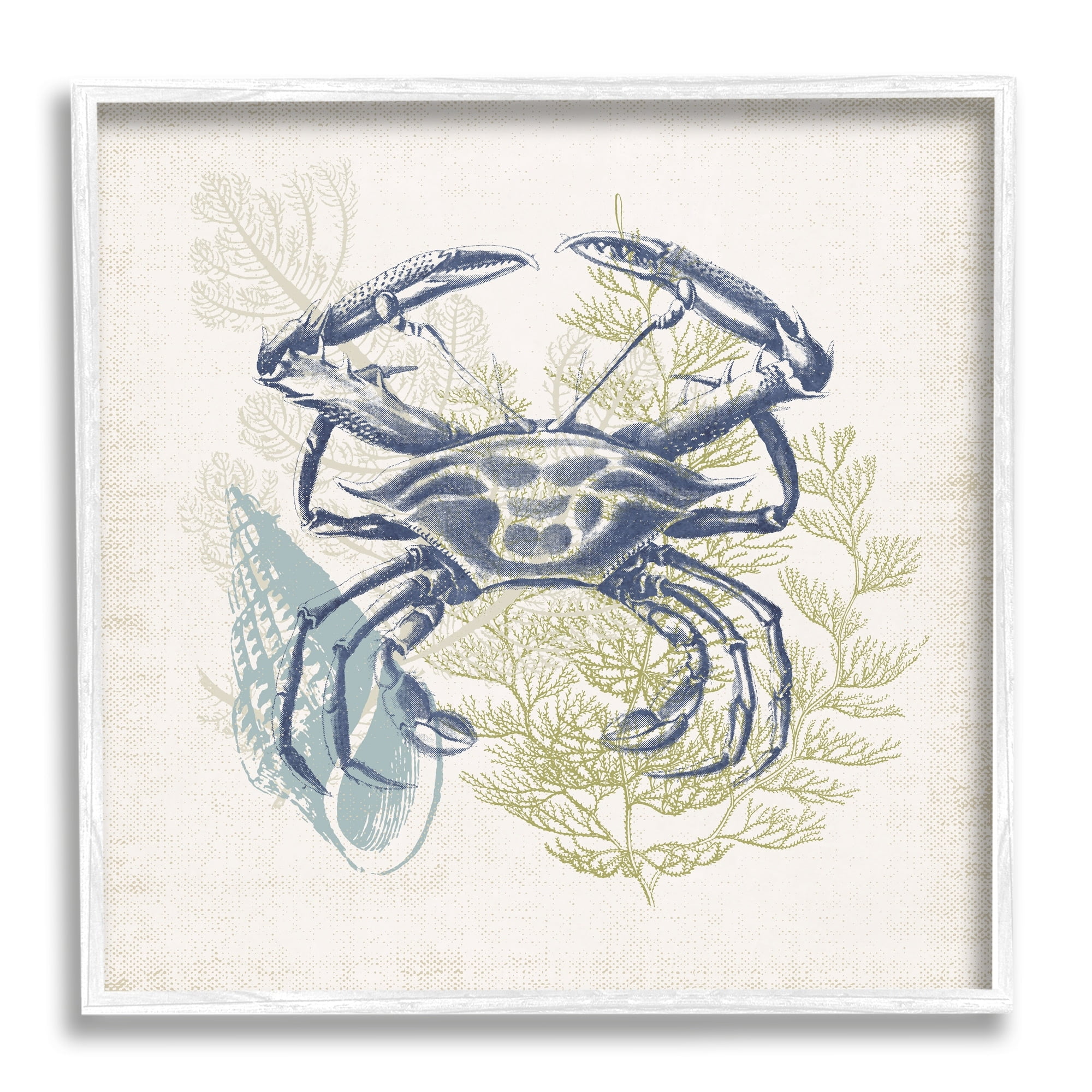 Stupell Industries Ocean Crab Detailed Botanical Overlay Rustic Design Graphic Art White Framed Art Print Wall Art, Design by Victoria Barnes