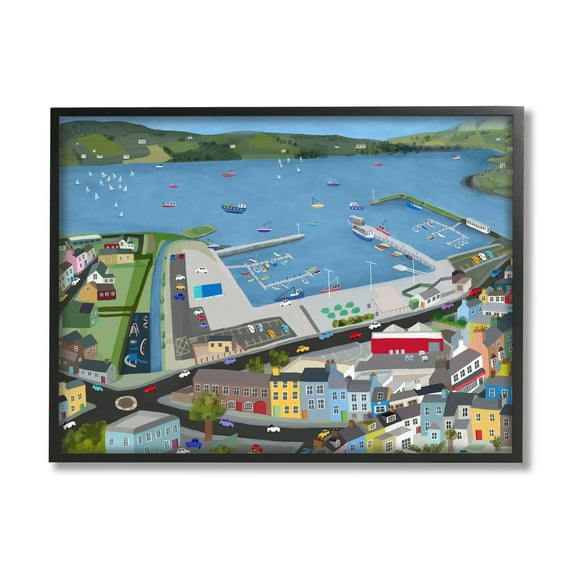 Stupell Industries Ocean Docks Suburb Streets Graphic Art Black Framed Art Print Wall Art, Design by Carla Daly