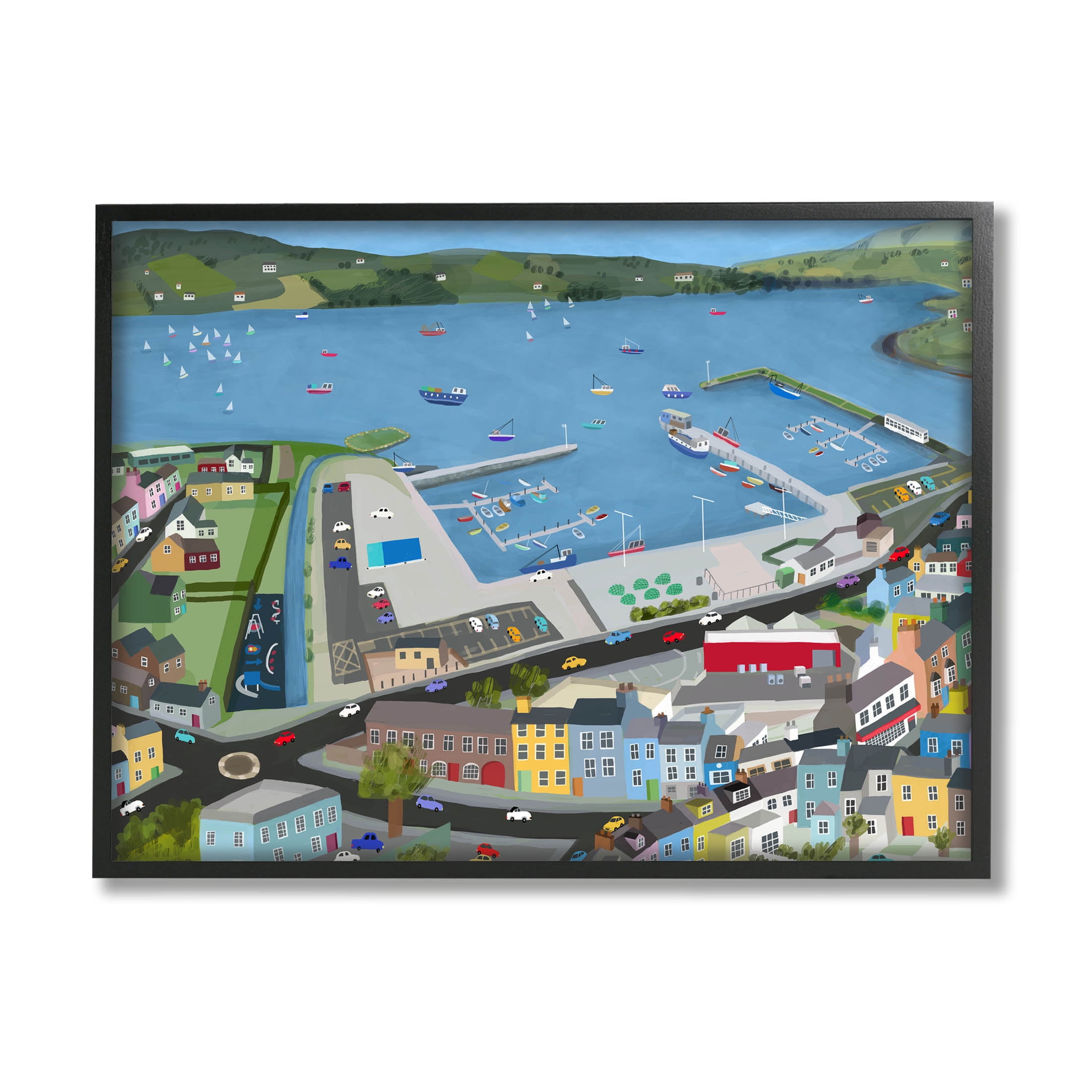 Stupell Industries Ocean Docks Suburb Streets Graphic Art Black Framed Art Print Wall Art, Design by Carla Daly