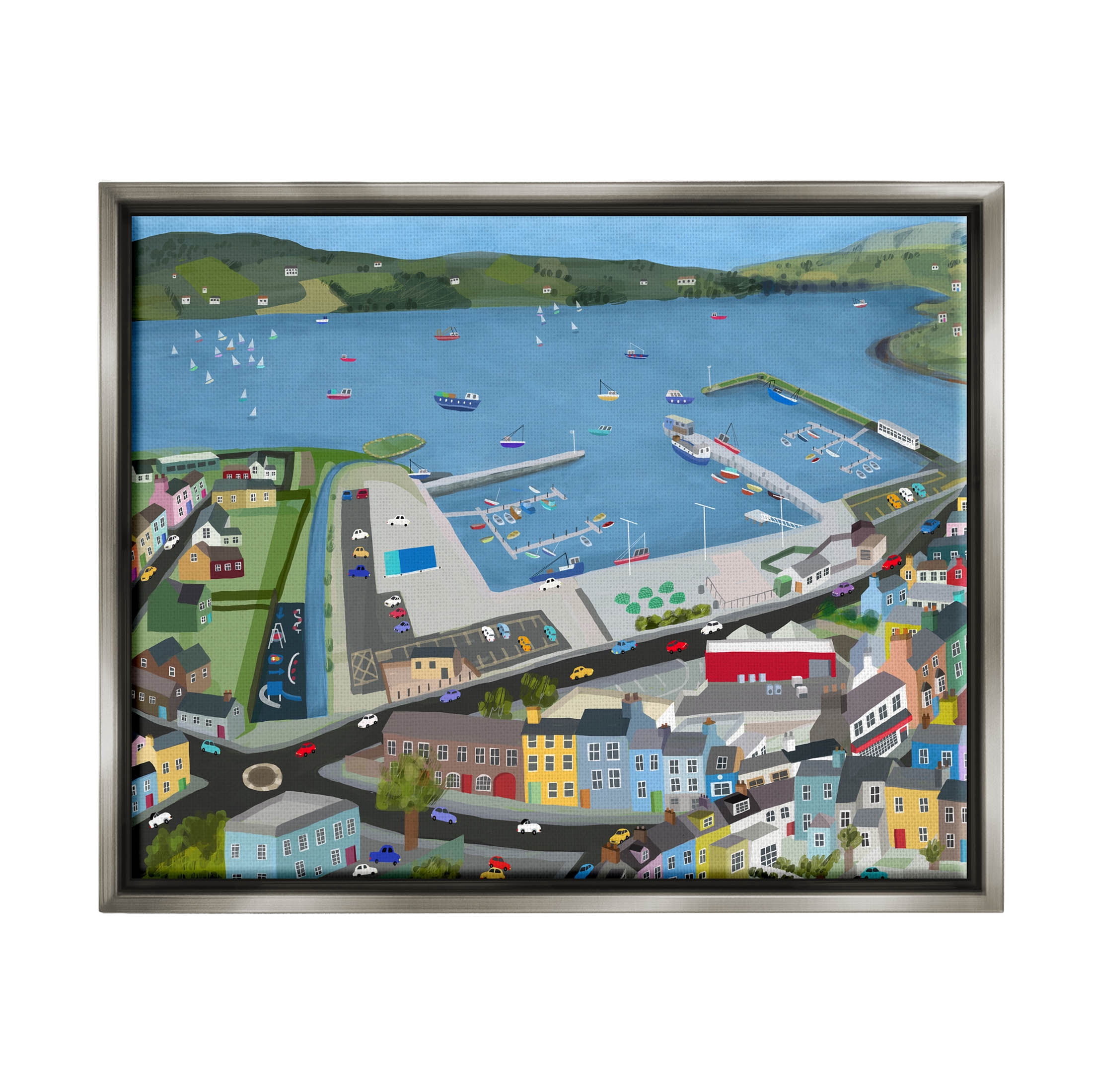 Stupell Industries Ocean Docks Suburb Streets Graphic Art Luster Gray Floating Framed Canvas Print Wall Art, Design by Carla Daly