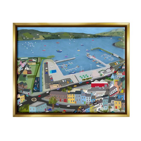 Stupell Industries Ocean Docks Suburb Streets Graphic Art Metallic Gold Floating Framed Canvas Print Wall Art, Design by Carla Daly