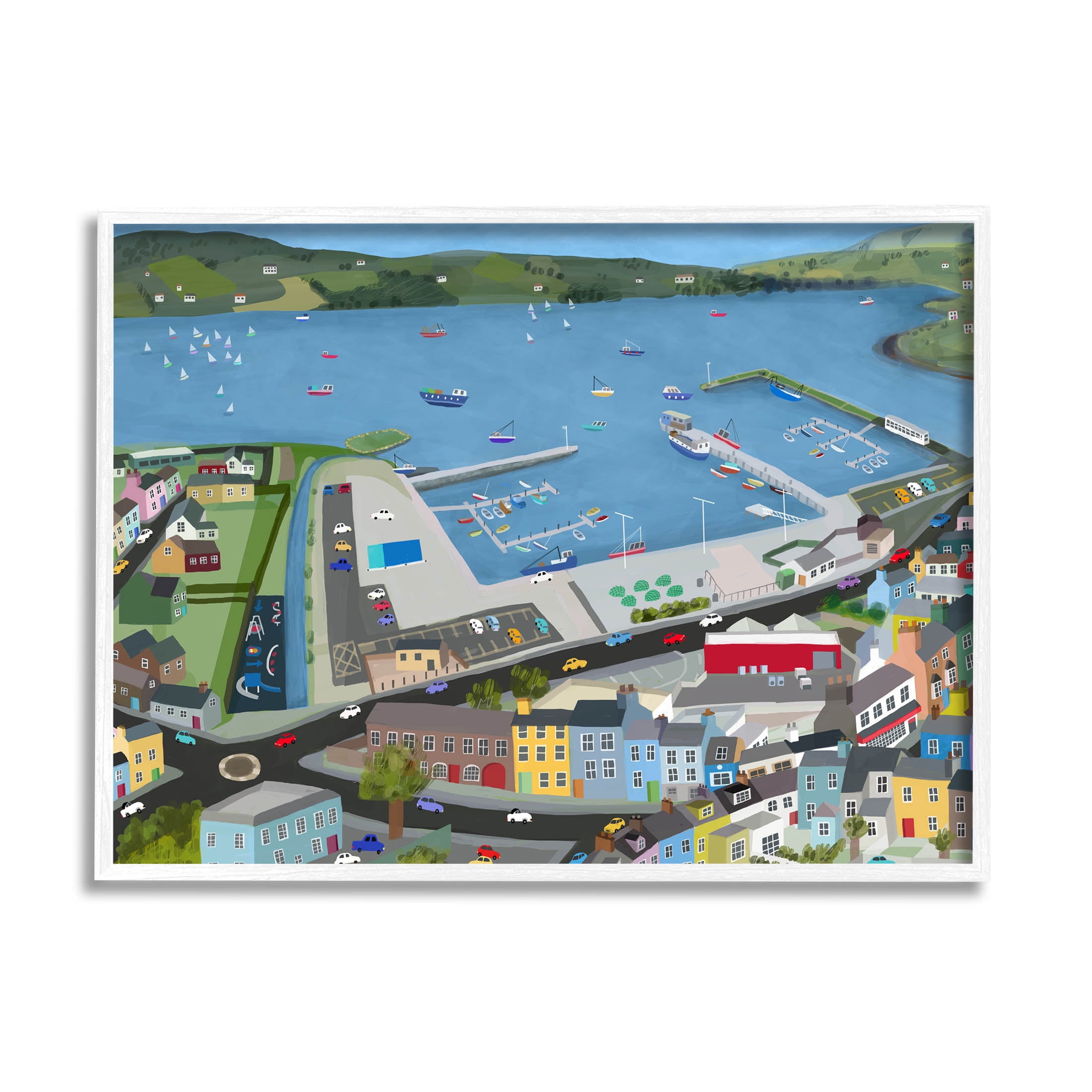 Stupell Industries Ocean Docks Suburb Streets Graphic Art White Framed Art Print Wall Art, Design by Carla Daly