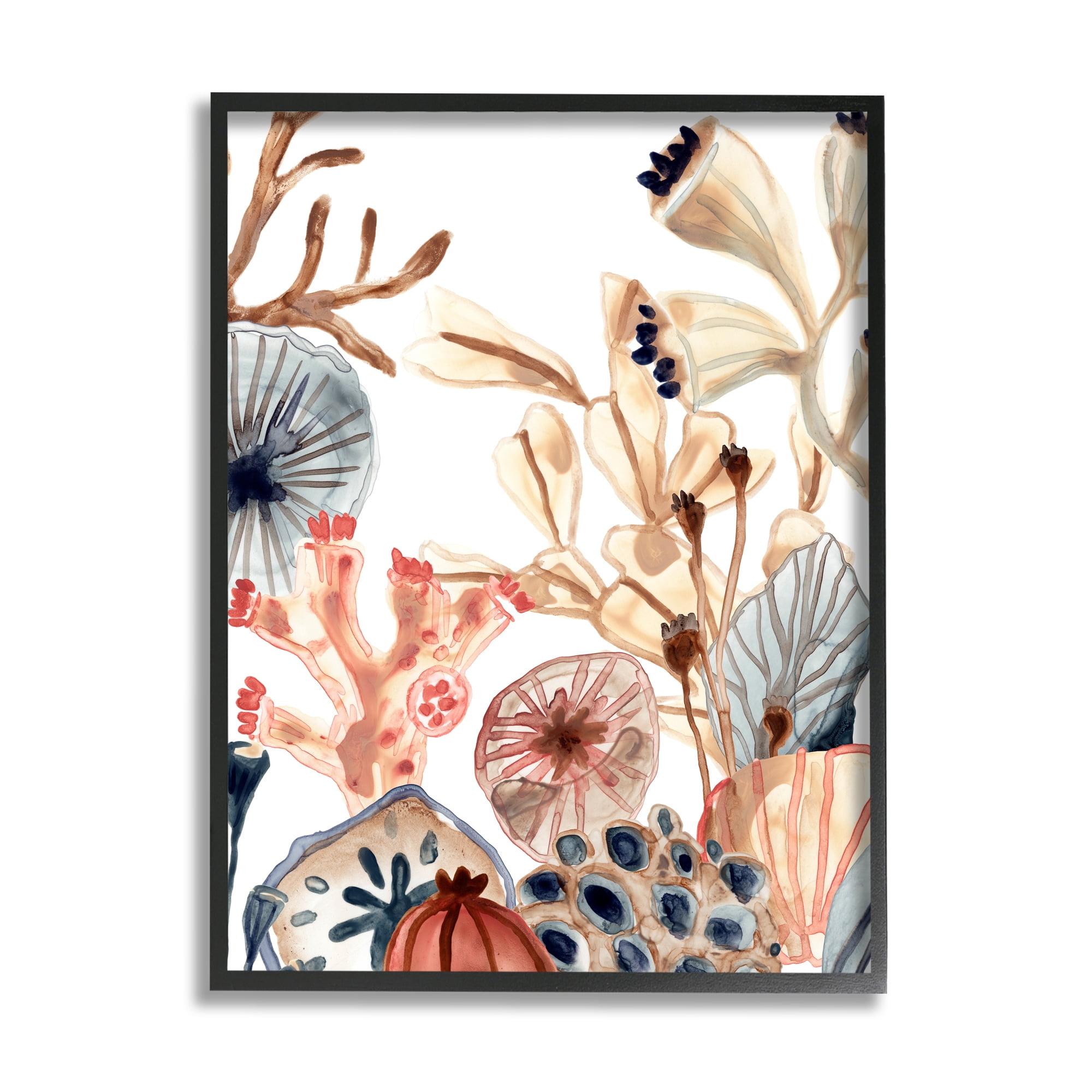 Stupell Industries Ocean Floor Aquatic Life Sand Dollars Kelp Coral Coastal Painting Black framed Art Print Wall Art, 11 x 14, Design by June Erica Vess