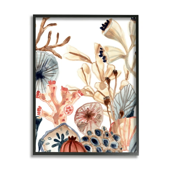 Stupell Industries Ocean Floor Aquatic Life Sand Dollars Kelp Coral Coastal Painting Black framed Art Print Wall Art, 11 x 14, Design by June Erica Vess