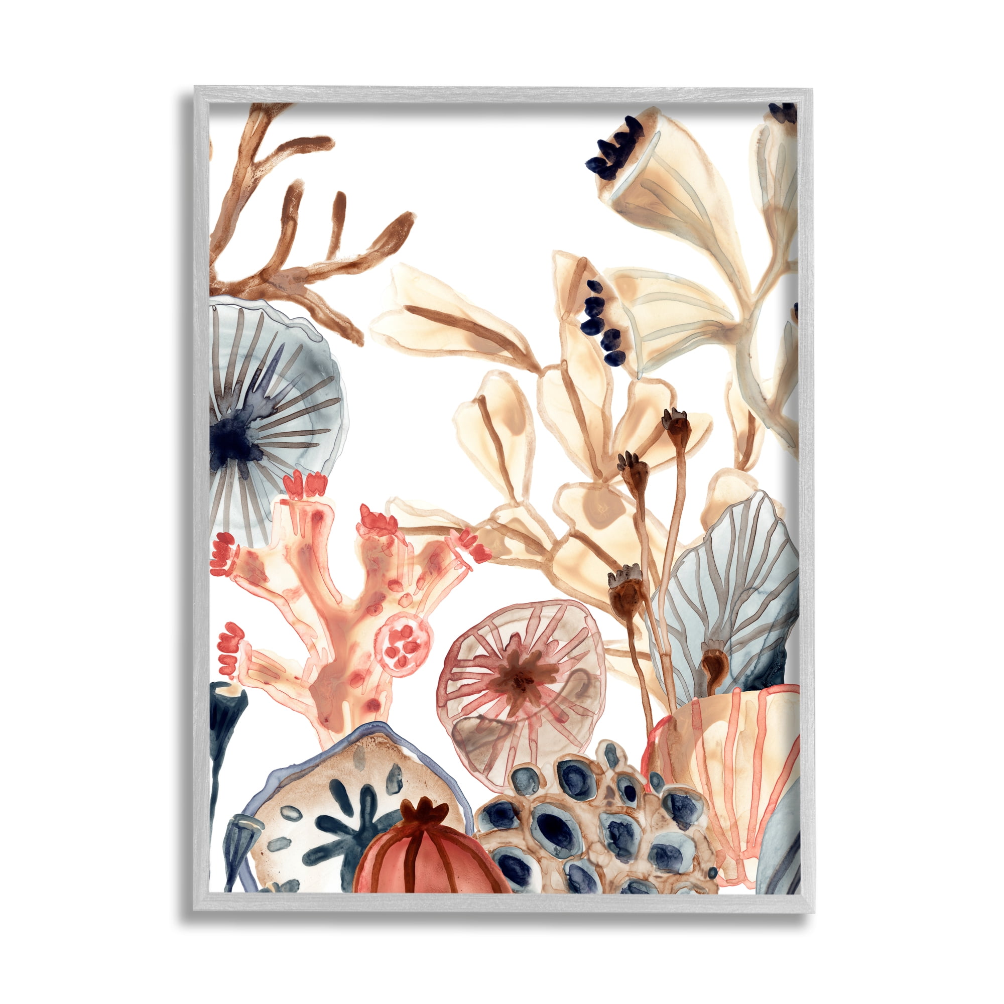 Stupell Industries Ocean Floor Aquatic Life Sand Dollars Kelp Coral Nature Painting Gray Framed Art Print Wall Art, 24 x 30