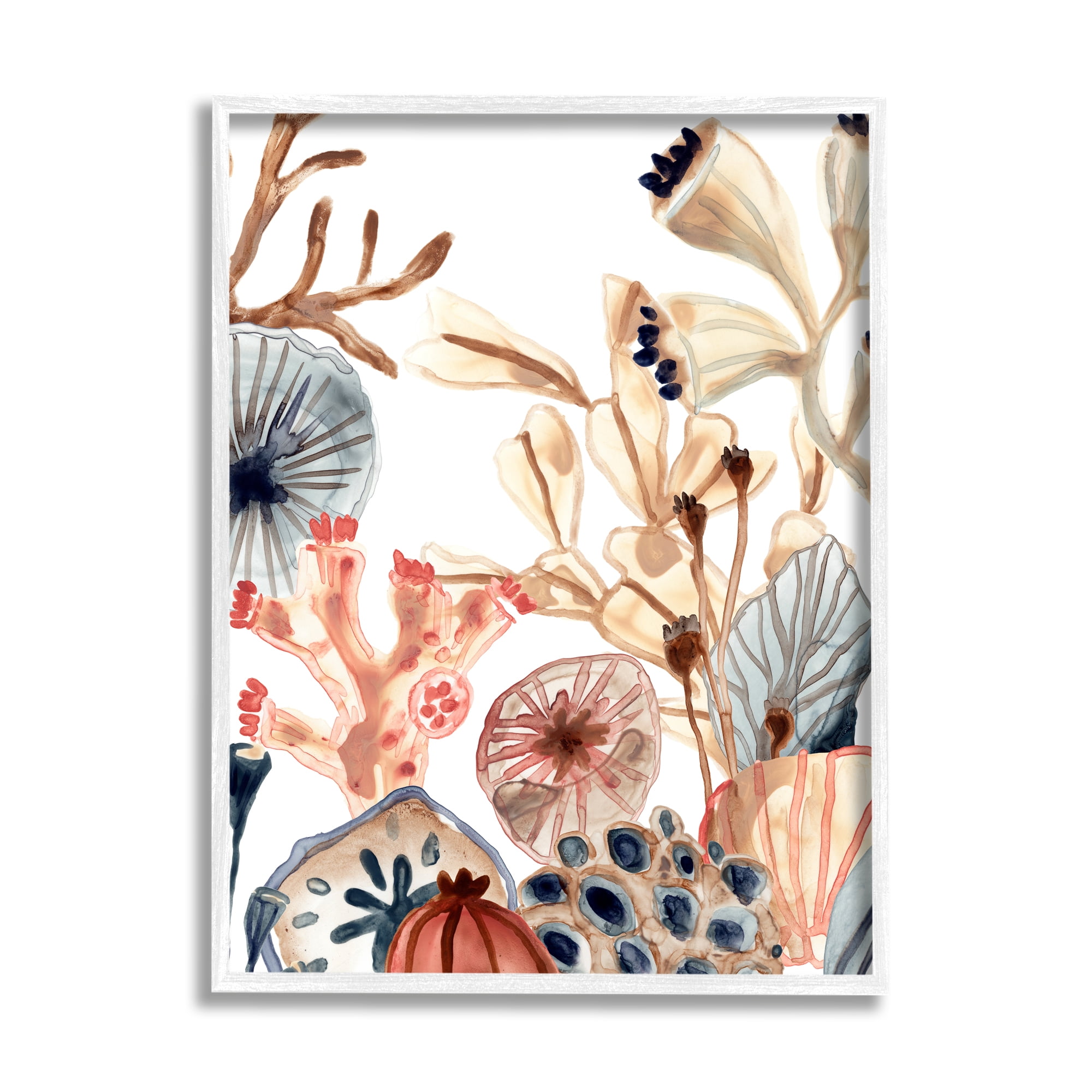 Stupell Industries Ocean Floor Aquatic Life Sand Dollars Kelp Coral Nature Painting White Framed Art Print Wall Art, 16 x 20