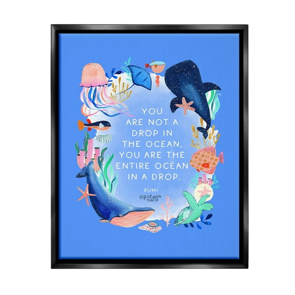 Stupell Industries Ocean In A Drop Phrase Animals & Insects Painting Black Floater Framed Canvas Art Print Wall Art, 17 x 21