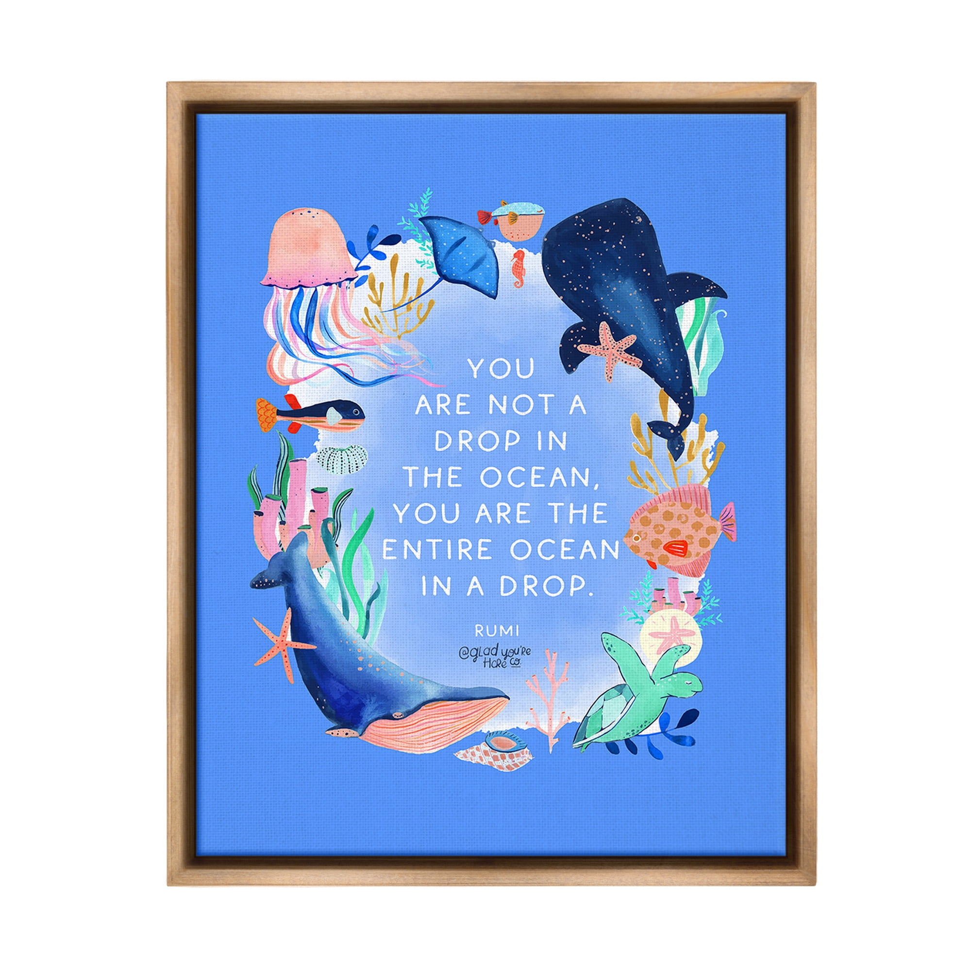 Stupell Industries Ocean In A Drop Phrase Animals & Insects Painting Brown Floater Framed Canvas Art Print Wall Art, 25 x 31
