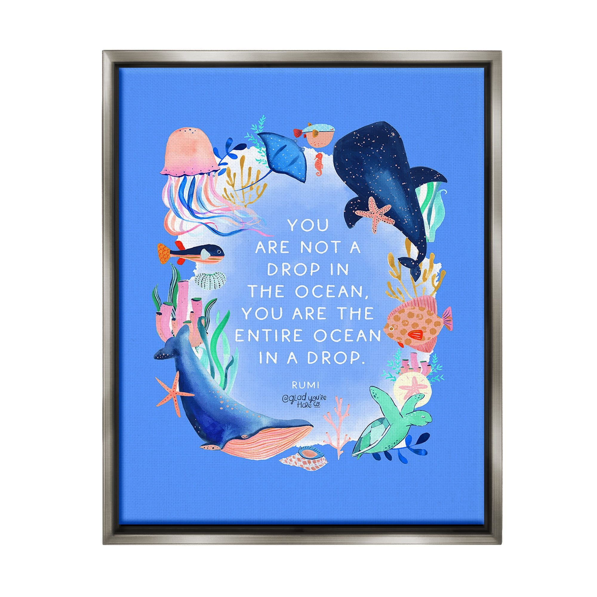 Stupell Industries Ocean In A Drop Phrase Animals & Insects Painting Gray Floater Framed Canvas Art Print Wall Art, 25 x 31