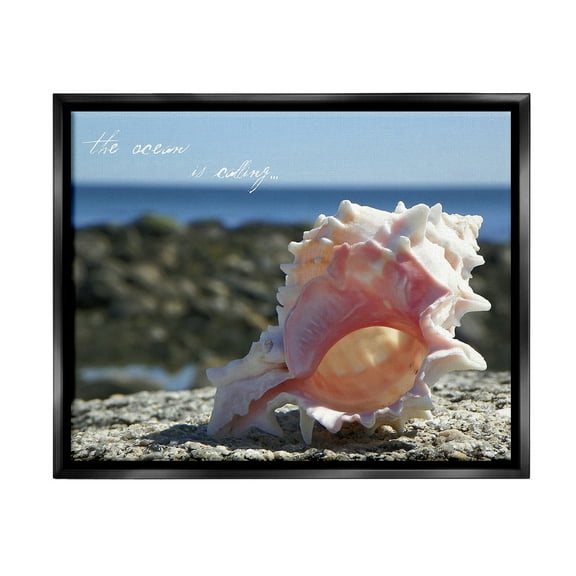 Stupell Industries Ocean Is Calling Conch Typography Photography Black Floater Framed Canvas Art Print Wall Art, 21 x 17