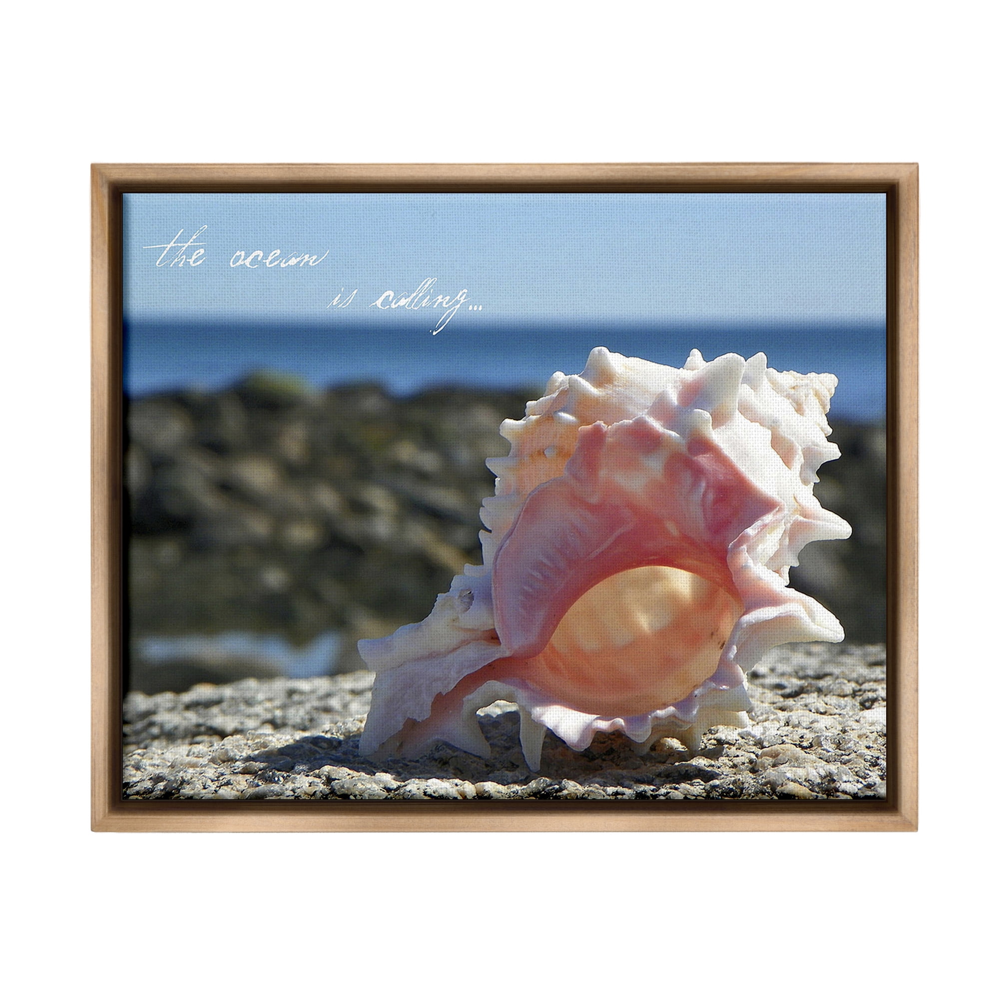 Stupell Industries Ocean Is Calling Conch Typography Photography Brown Floater Framed Canvas Art Print Wall Art, 31 x 25