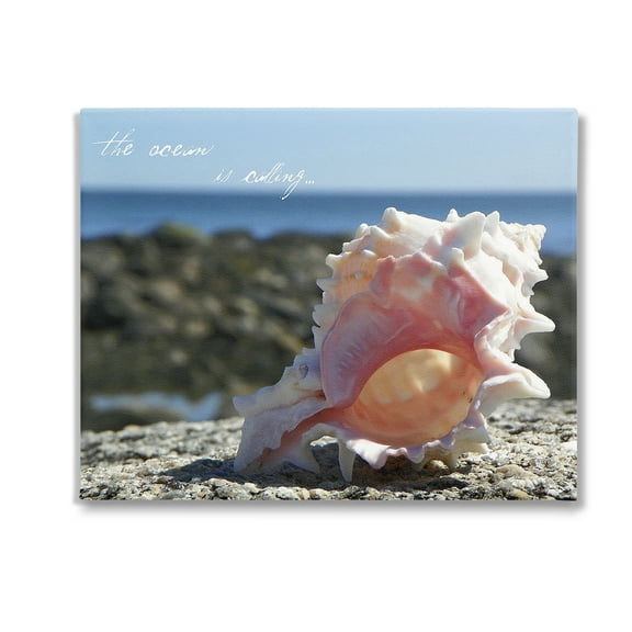 Stupell Industries Ocean Is Calling Conch Typography Photography Gallery Wrapped Canvas Art Print Wall Art, 20 x 16