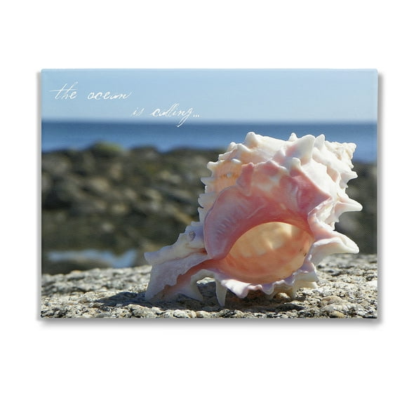 Stupell Industries Ocean Is Calling Conch Typography Photography Gallery Wrapped Canvas Art Print Wall Art, 48 x 36