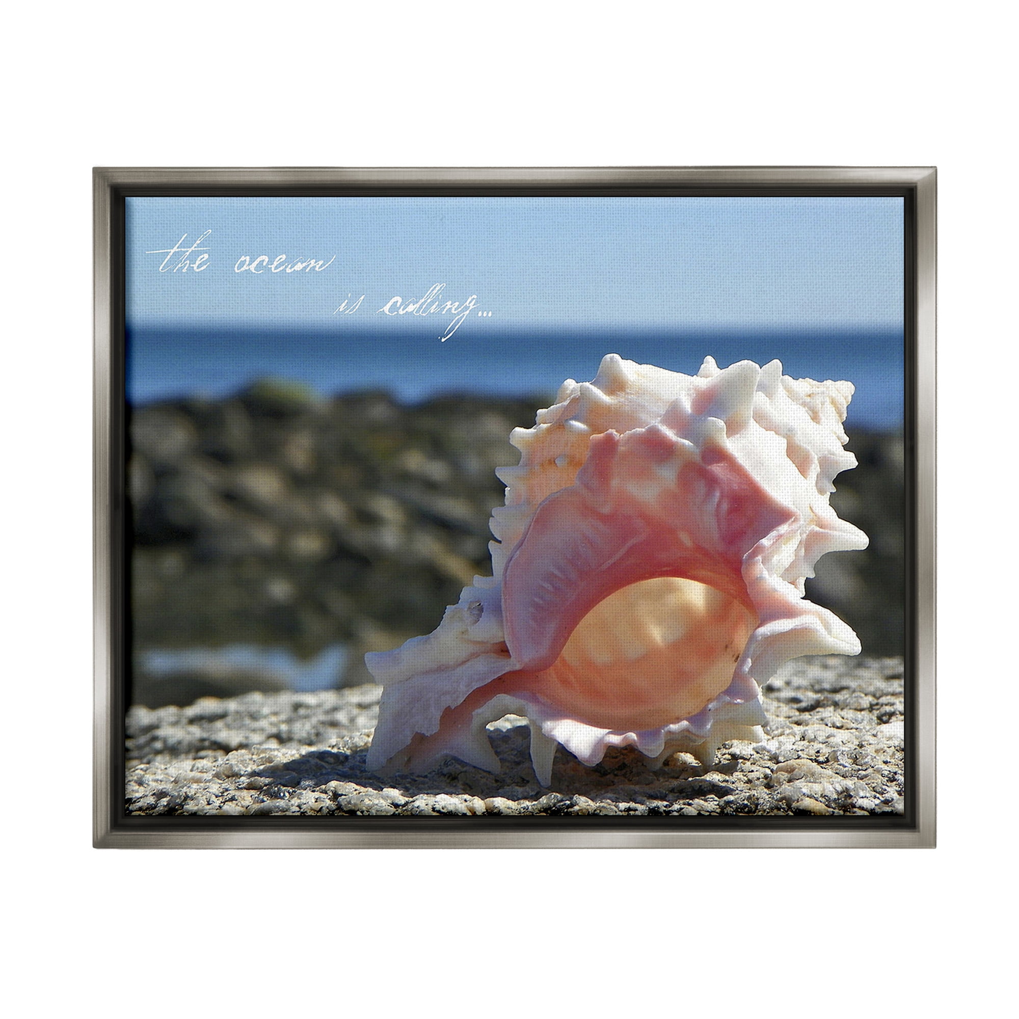 Stupell Industries Ocean Is Calling Conch Typography Photography Gray Floater Framed Canvas Art Print Wall Art, 31 x 25