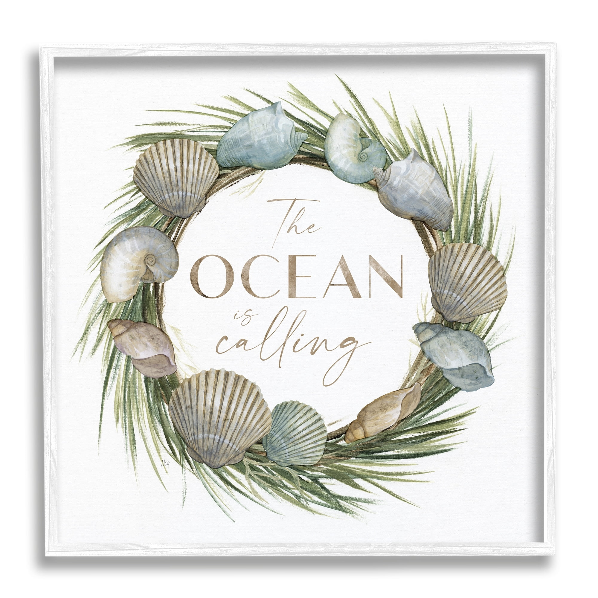 Stupell Industries Ocean Is Calling Quote Botanical Wreath Seashells Design, 17 x 17, Design by Nan