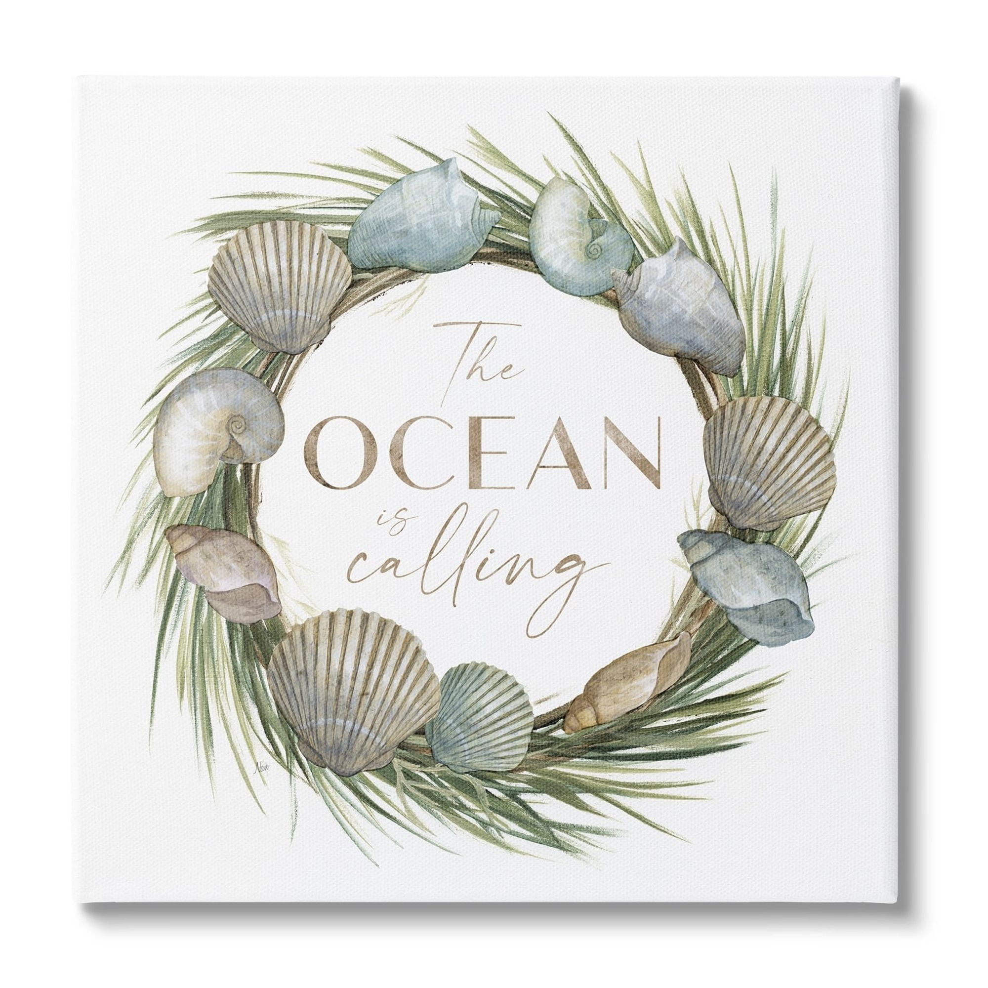 Stupell Industries Ocean Is Calling Quote Botanical Wreath Seashells Design, 24 x 24, Design by Nan