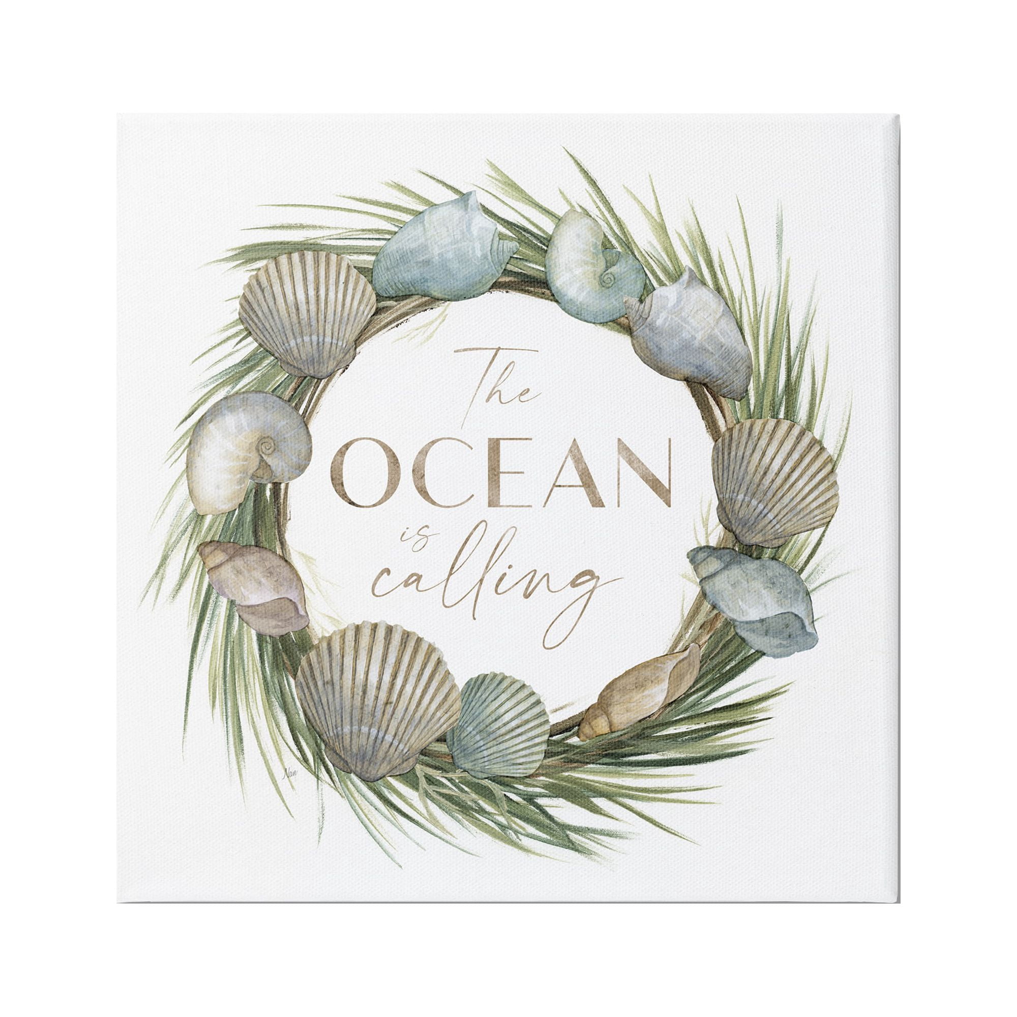 Stupell Industries Ocean Is Calling Quote Botanical Wreath Seashells Design Graphic Art Gallery-Wrapped Canvas Print Wall Art, 17x17, by Nan